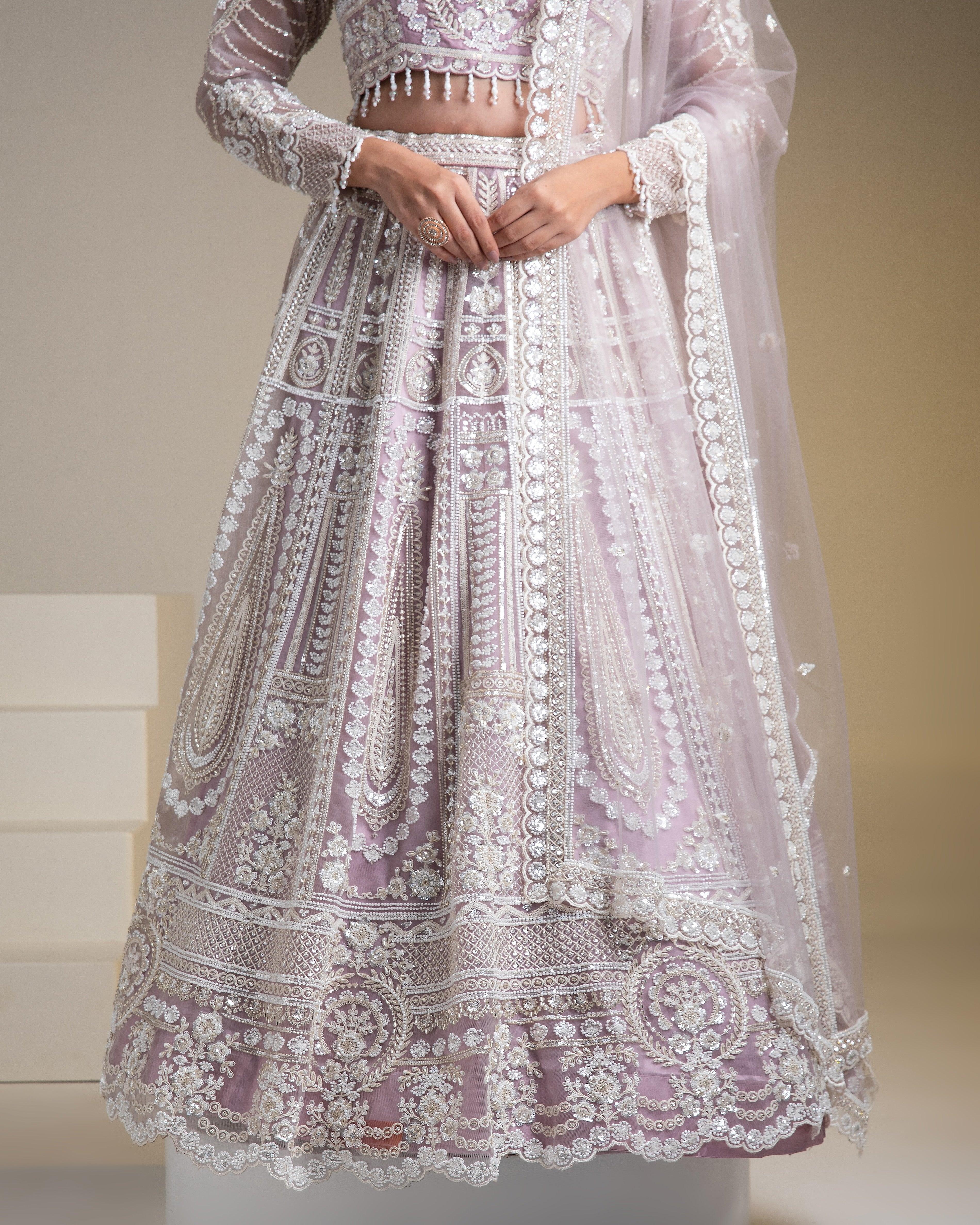 Lavender Net Lehenga Set With Chikankari Embroidery - Mokshaa