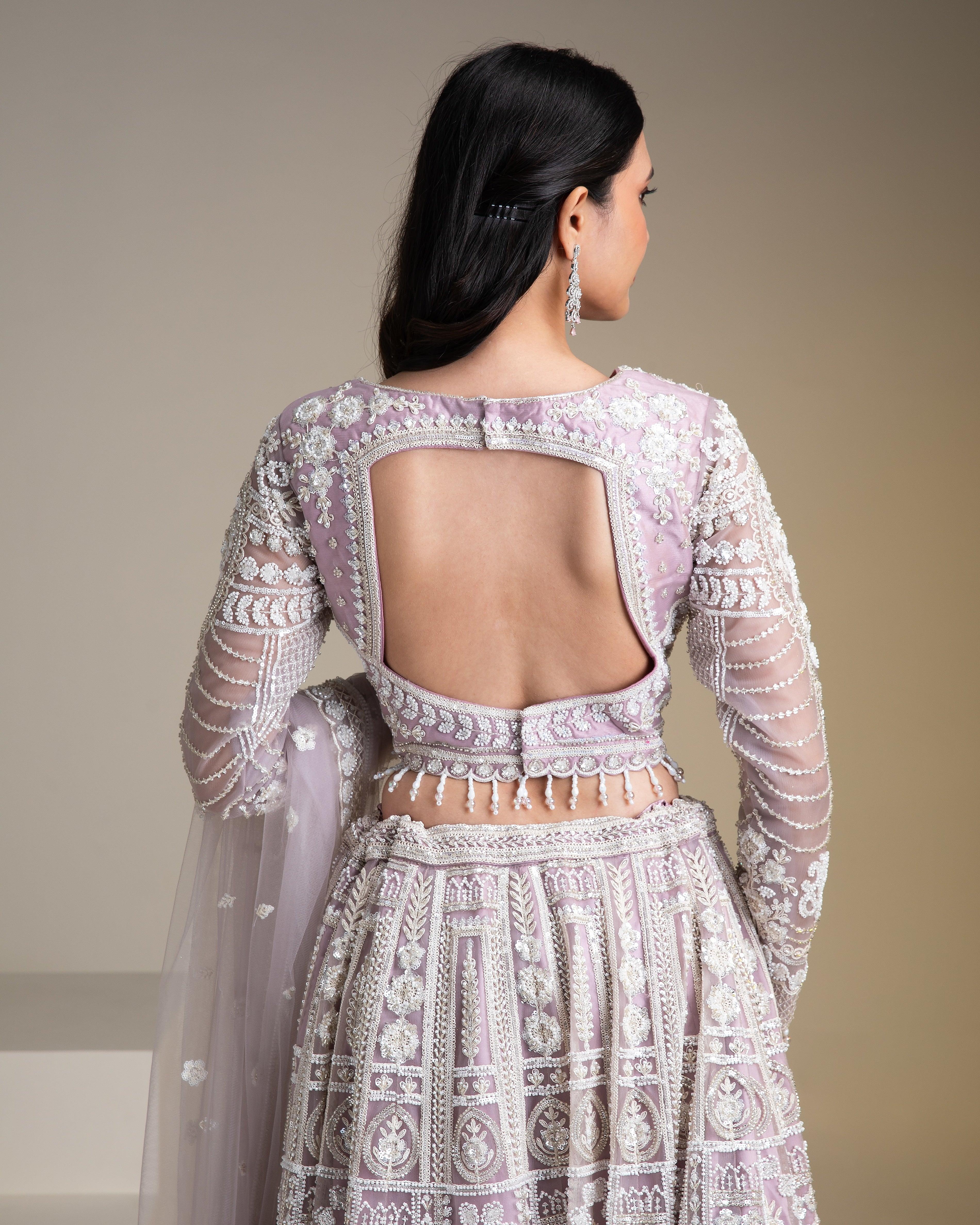 Lavender Net Lehenga Set With Chikankari Embroidery - Mokshaa