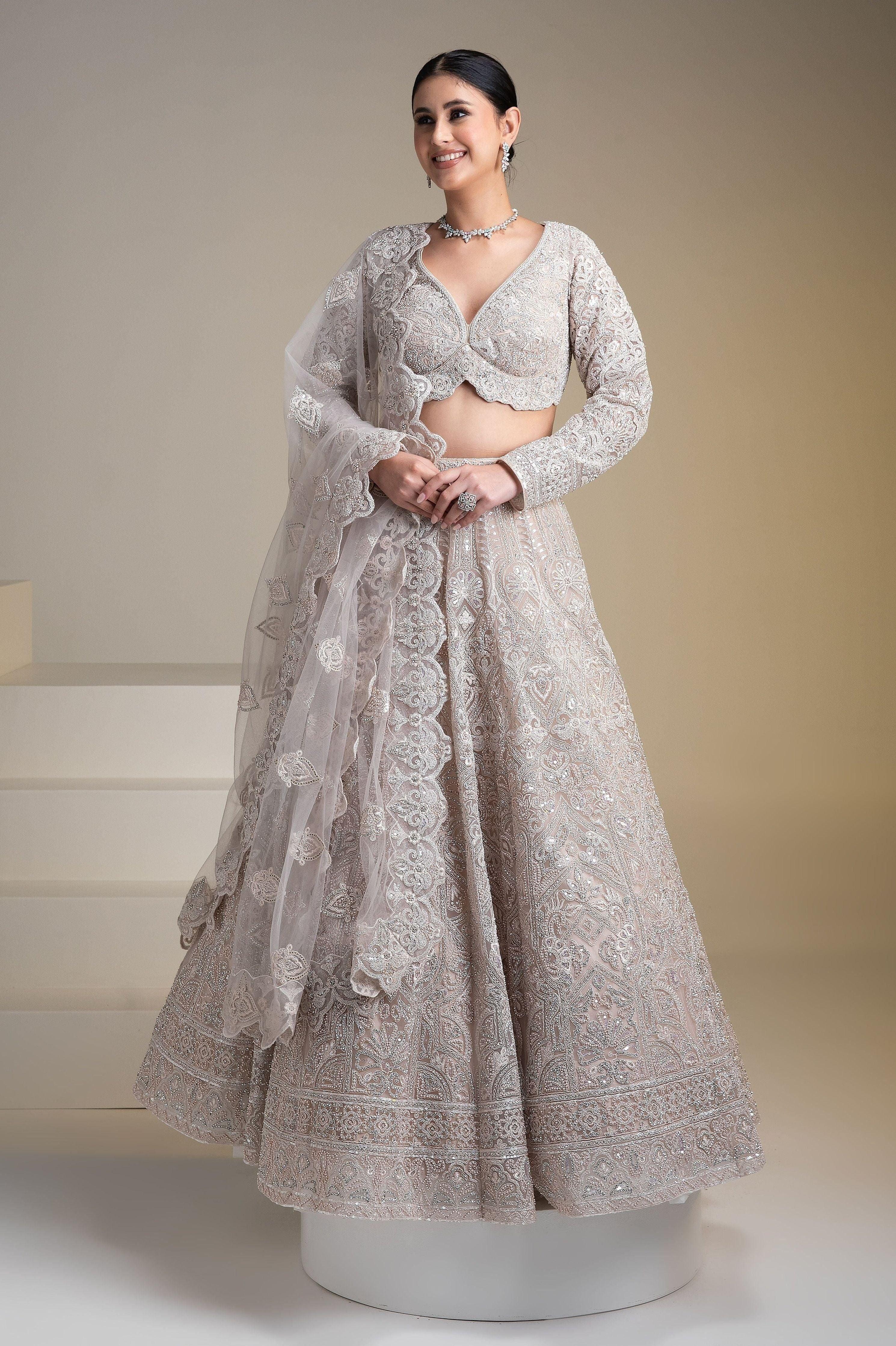 Ivory Net Lehenga Set With Chikankari Embroidery And Sequins - Mokshaa