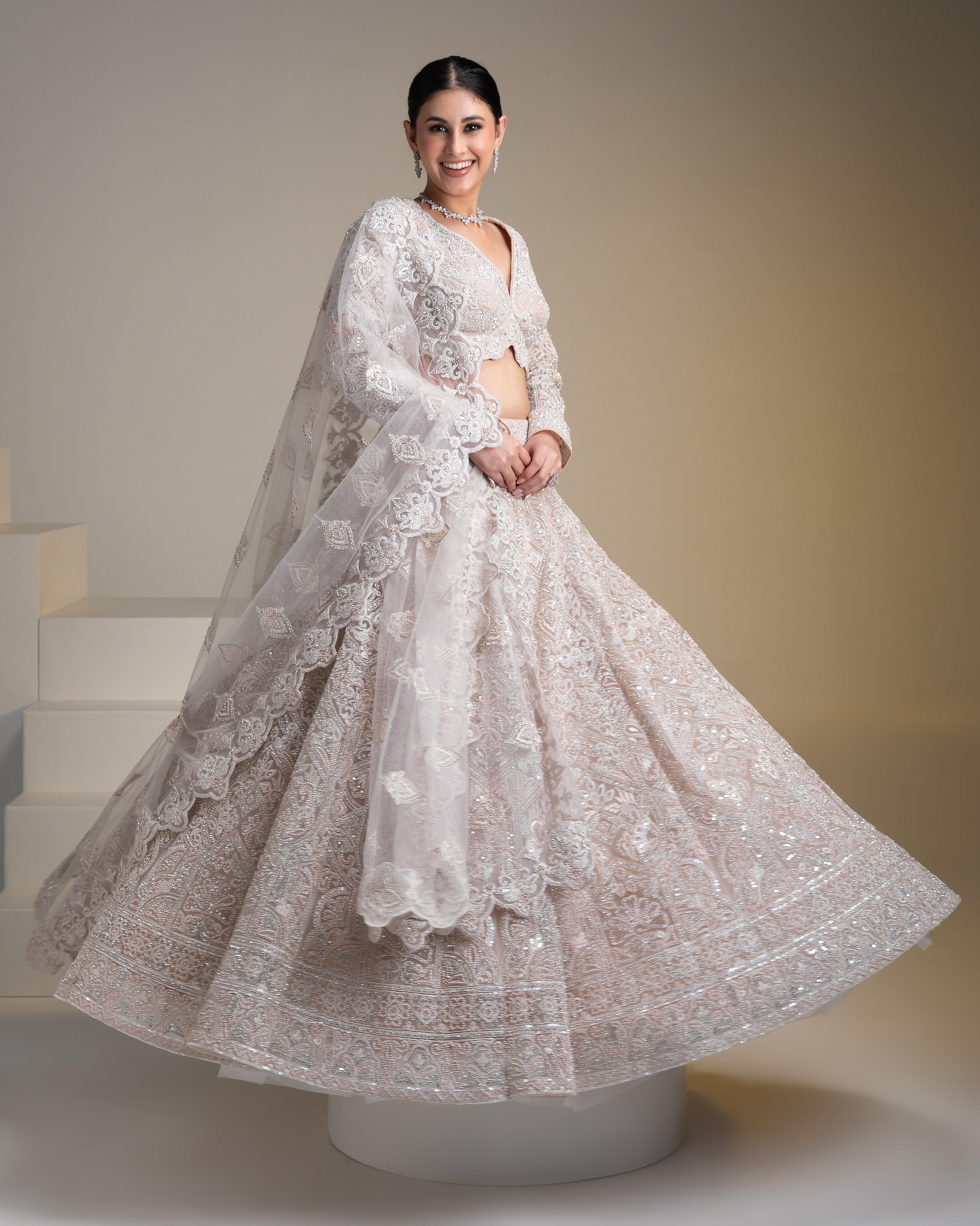 Ivory Net Lehenga Set With Chikankari Embroidery And Sequins - Mokshaa