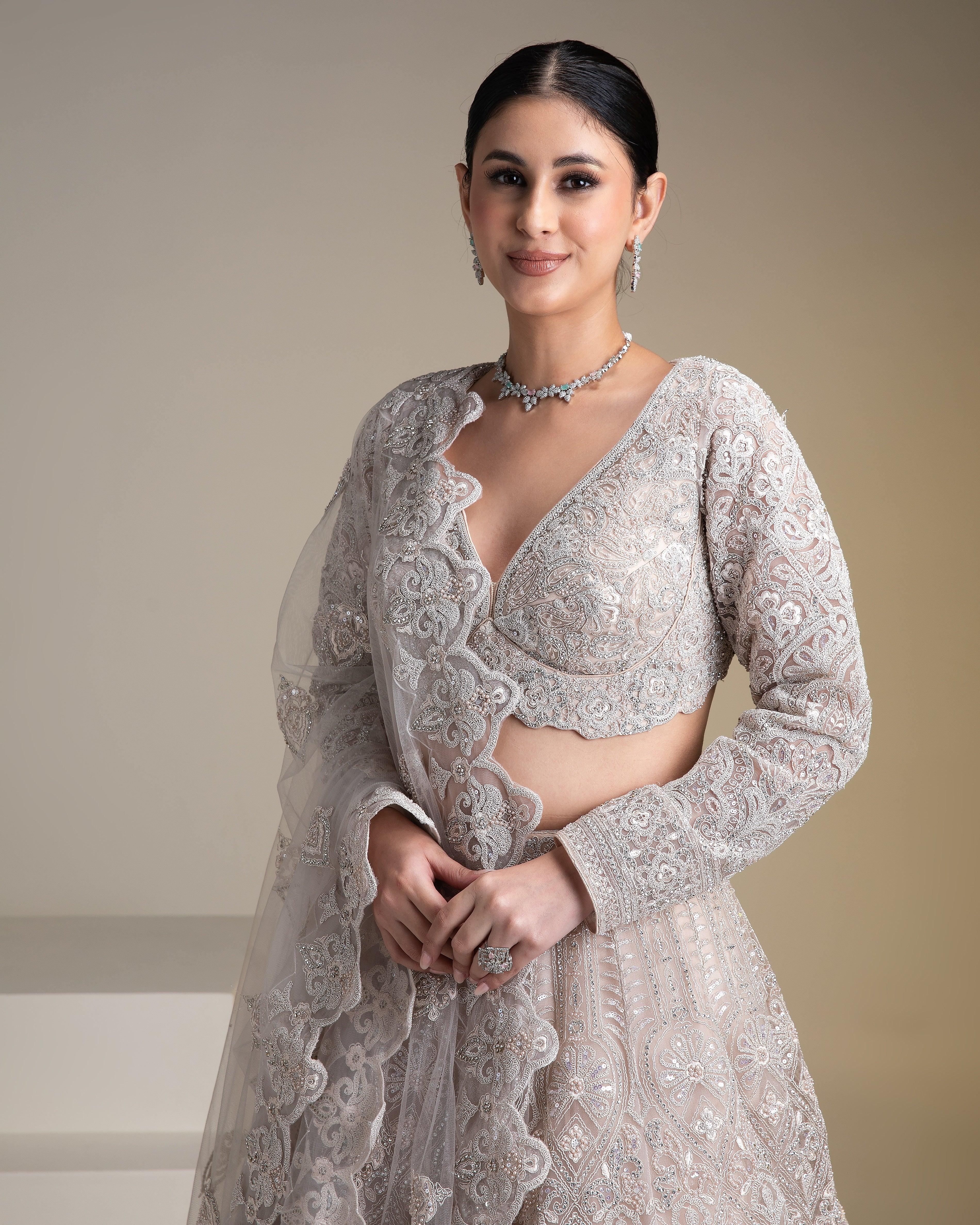 Ivory Net Lehenga Set With Chikankari Embroidery And Sequins - Mokshaa