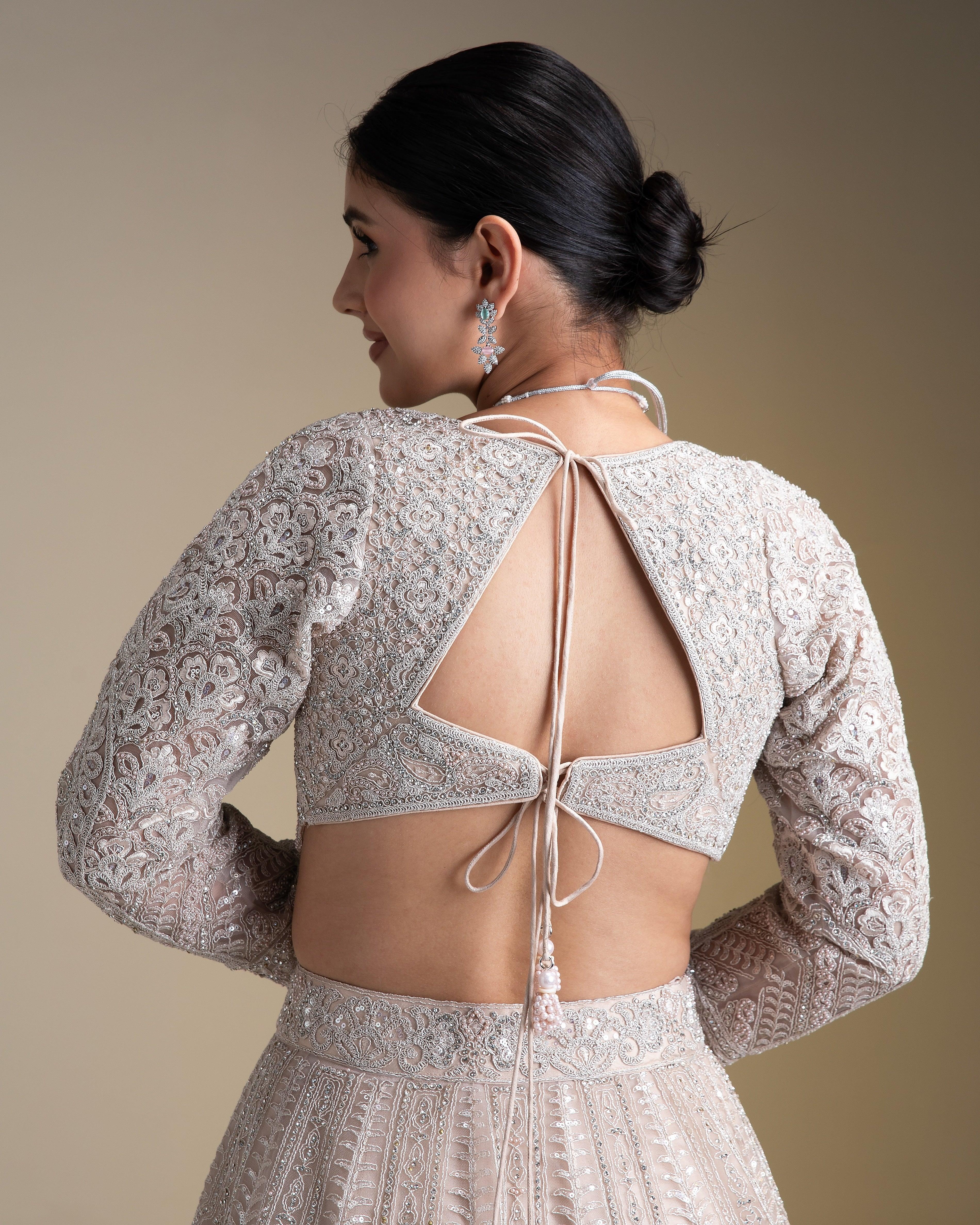 Ivory Net Lehenga Set With Chikankari Embroidery And Sequins - Mokshaa