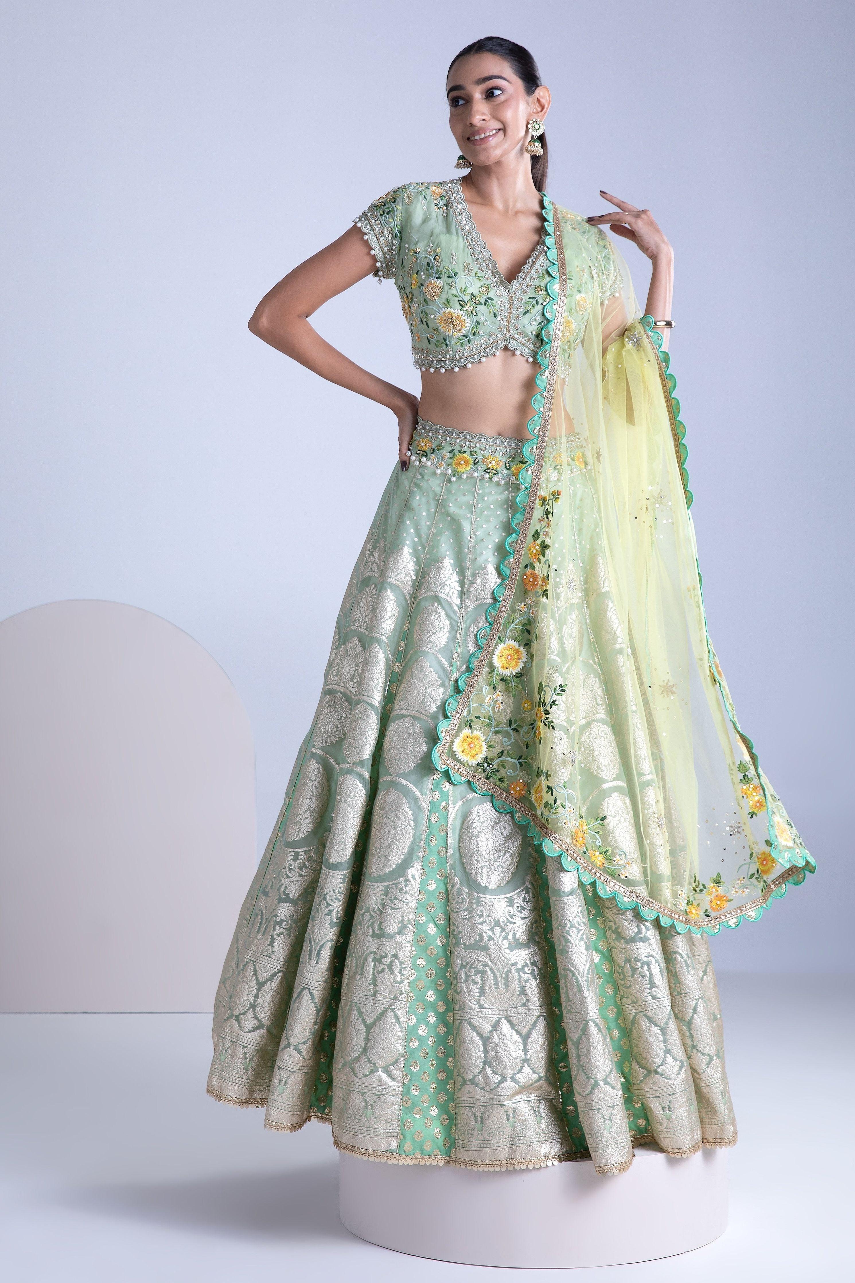 Green Banarasi Silk Lehenga Set - Mokshaa