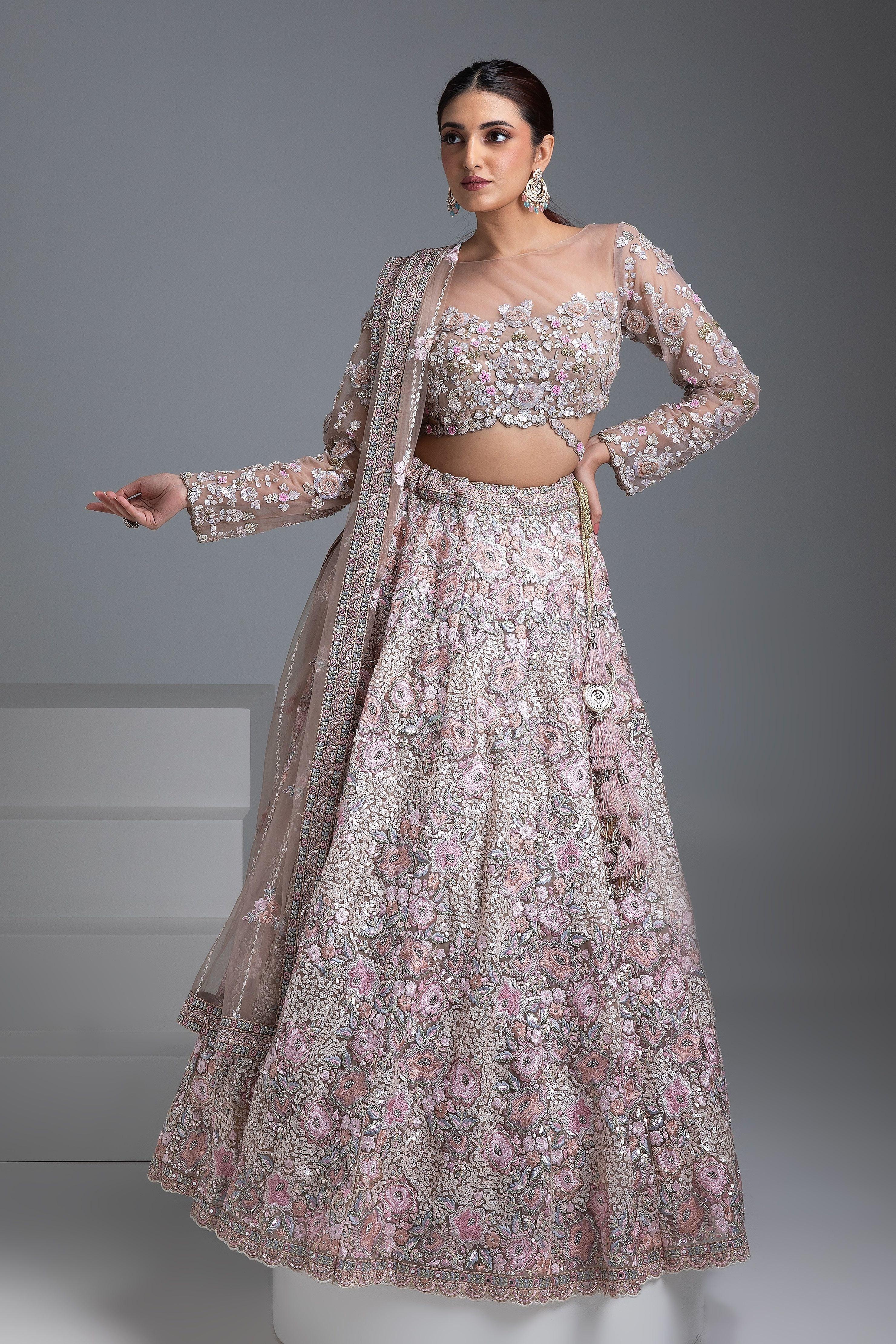 Beige Net Lehenga With Floral Embroidery And Sequin Detailing - Mokshaa