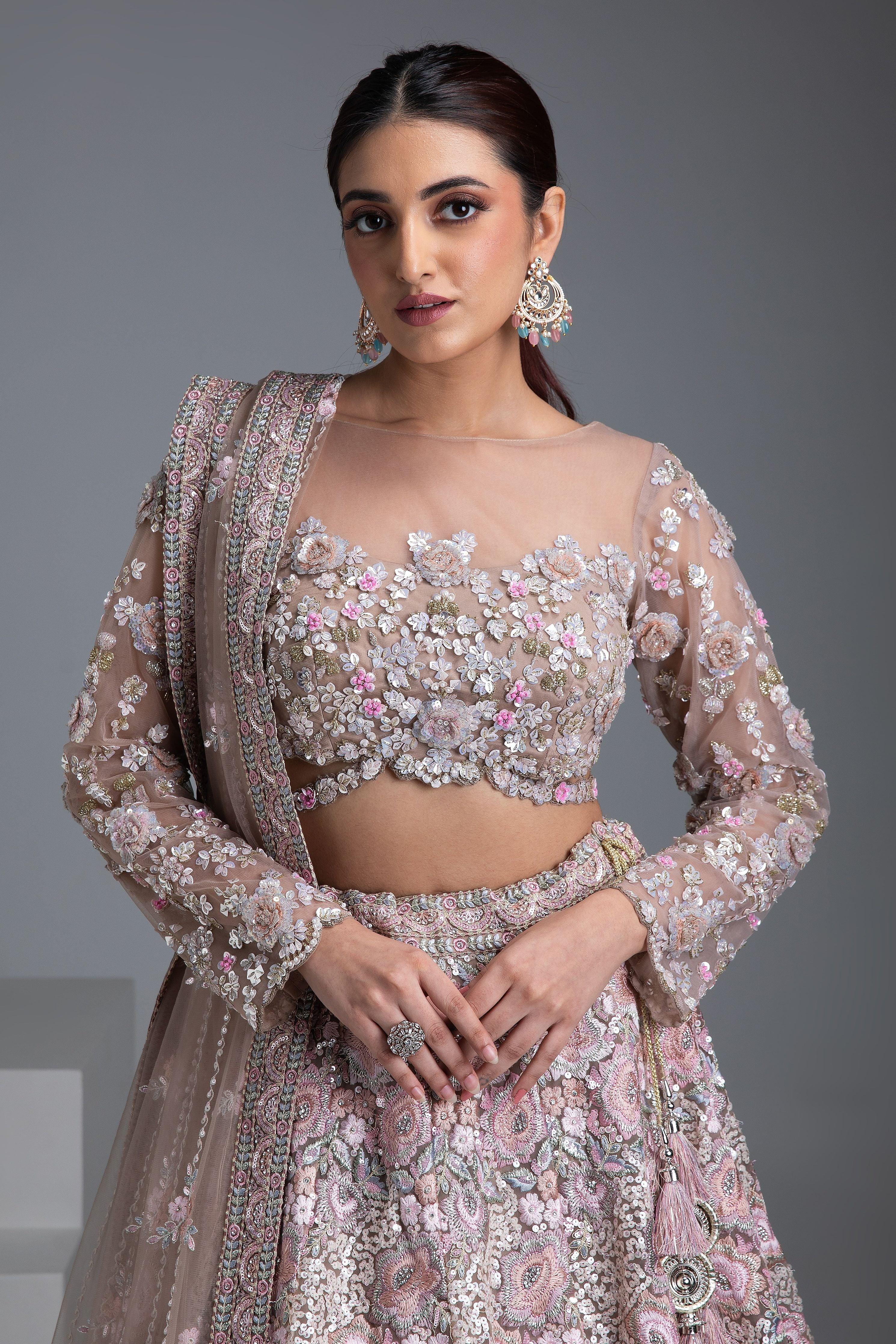 Beige Net Lehenga With Floral Embroidery And Sequin Detailing - Mokshaa