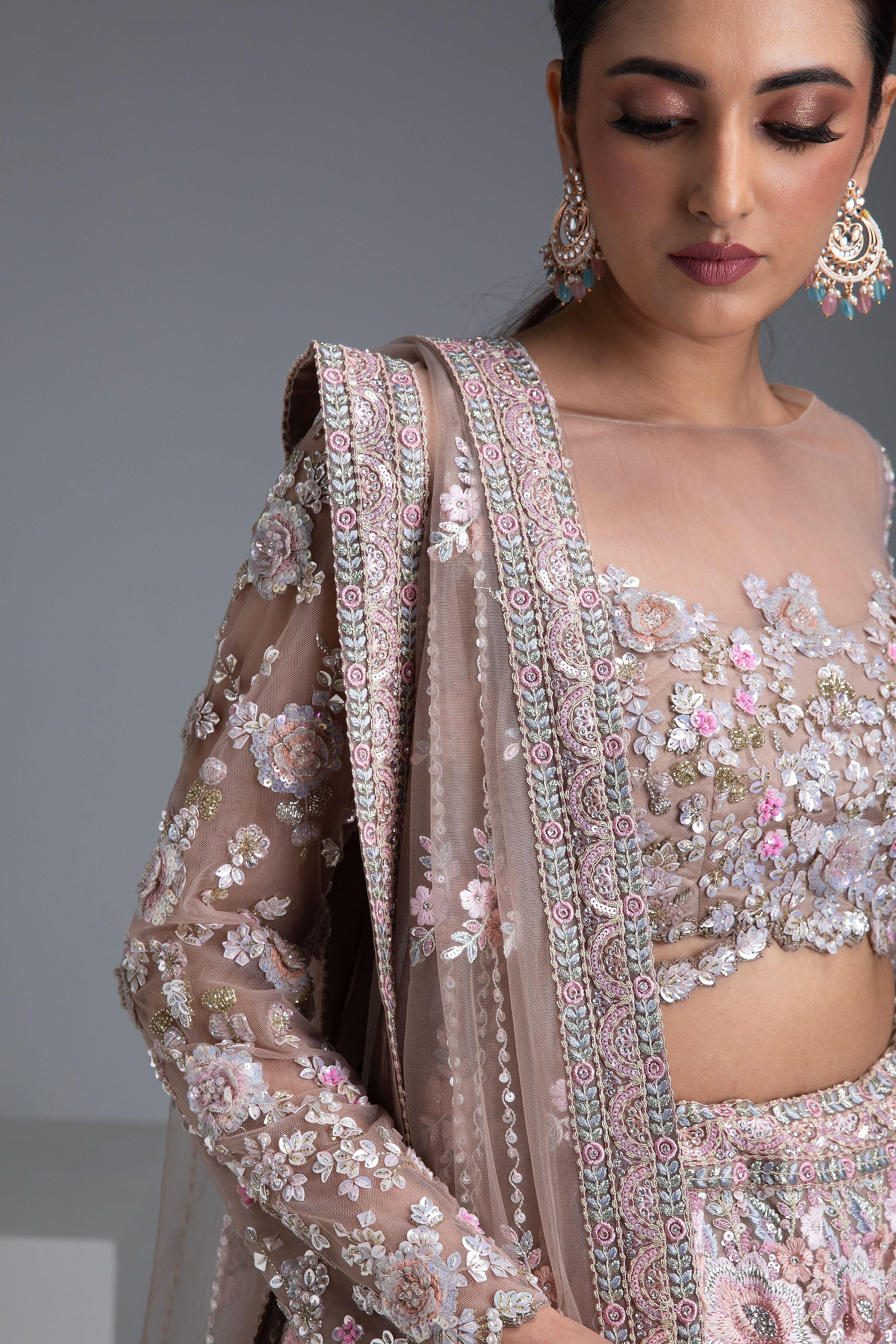 Beige Net Lehenga With Floral Embroidery And Sequin Detailing - Mokshaa