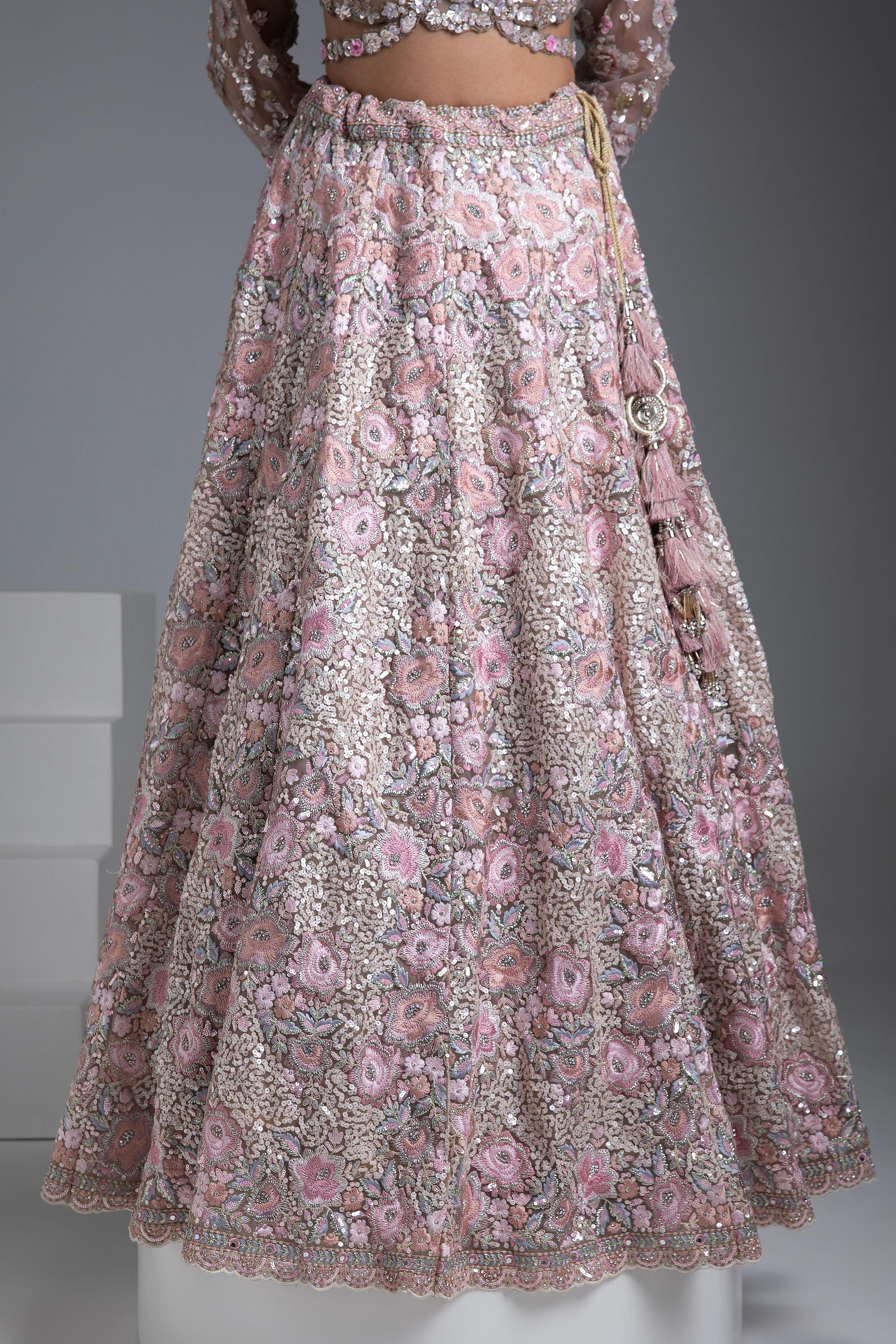 Beige Net Lehenga With Floral Embroidery And Sequin Detailing - Mokshaa