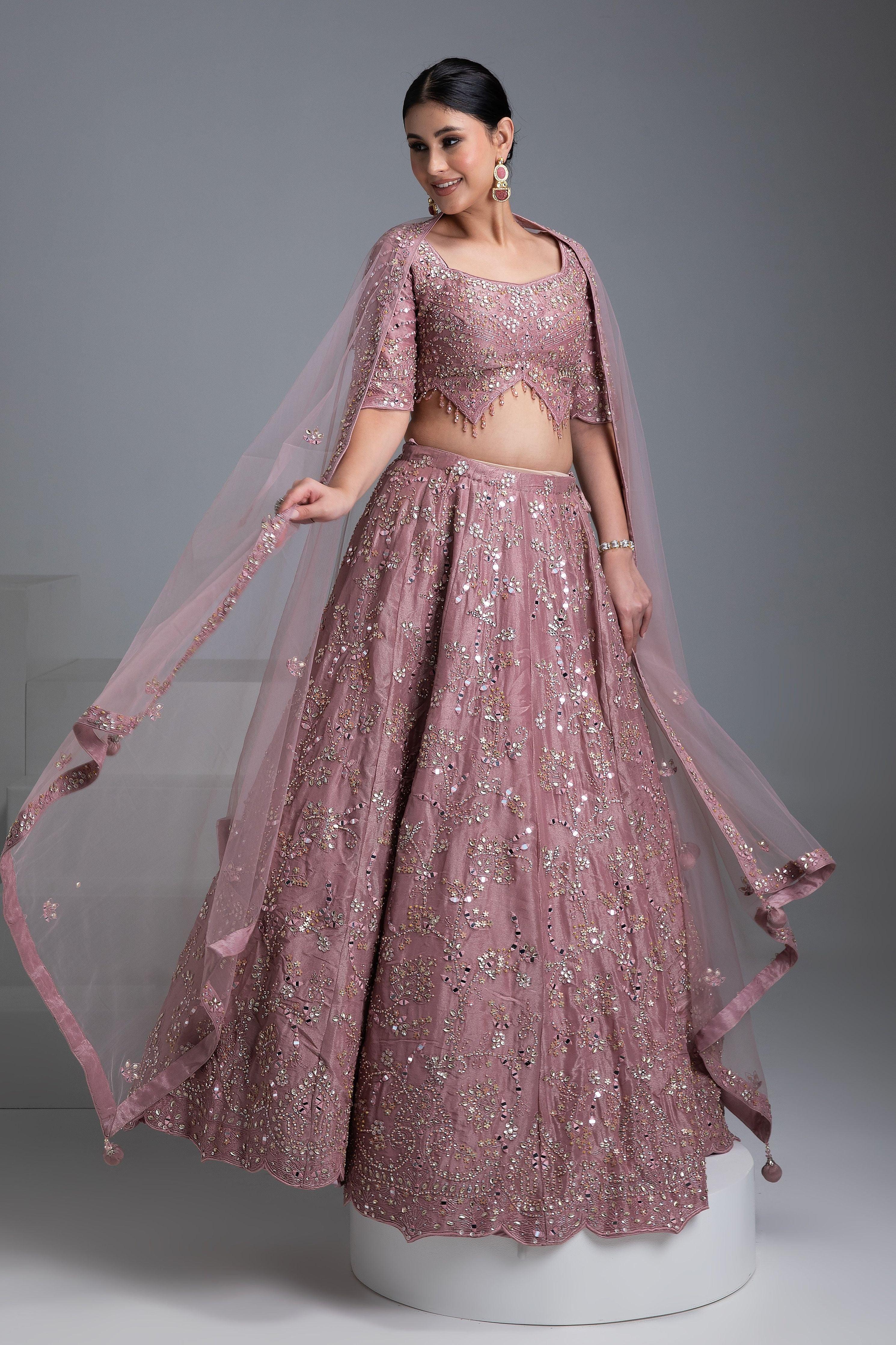 Dusty Rose Silk Lehenga With Mirror Detailing And Floral Embroidery - Mokshaa