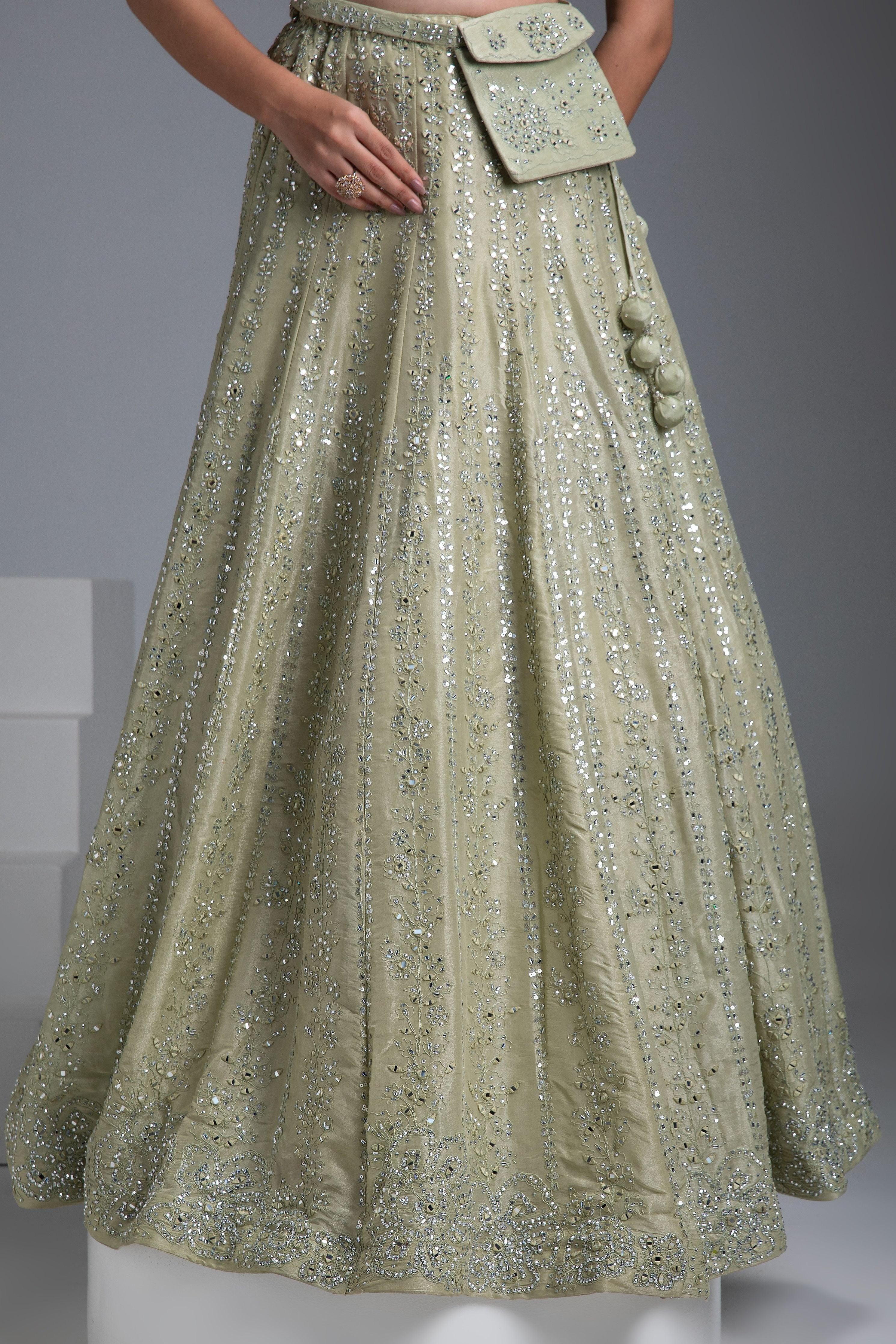 Pastel Green Tissue Silk Lehenga With Mirror Embroidery - Mokshaa