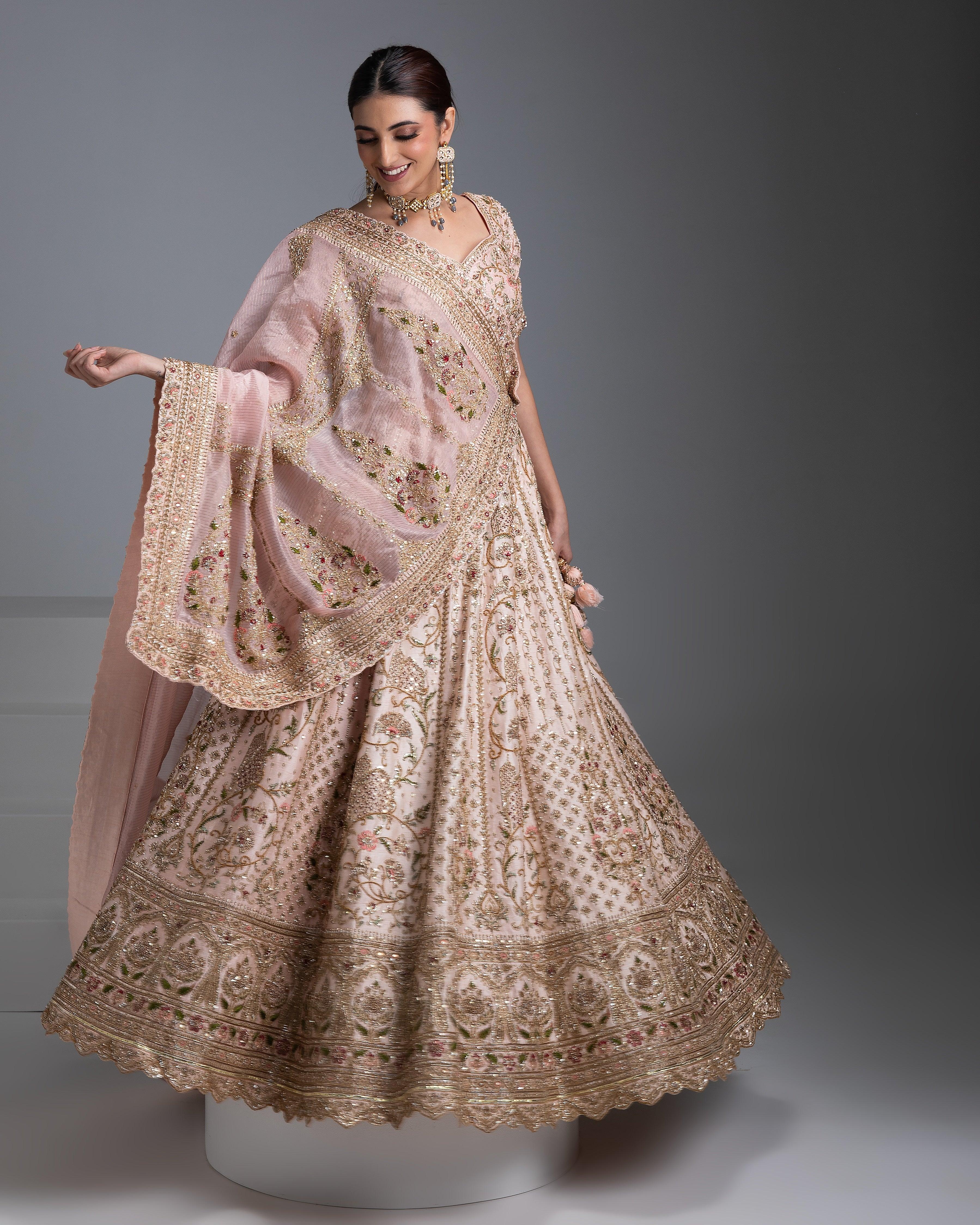 Pastel Pink Double Dupatta Lehenga Set - Mokshaa