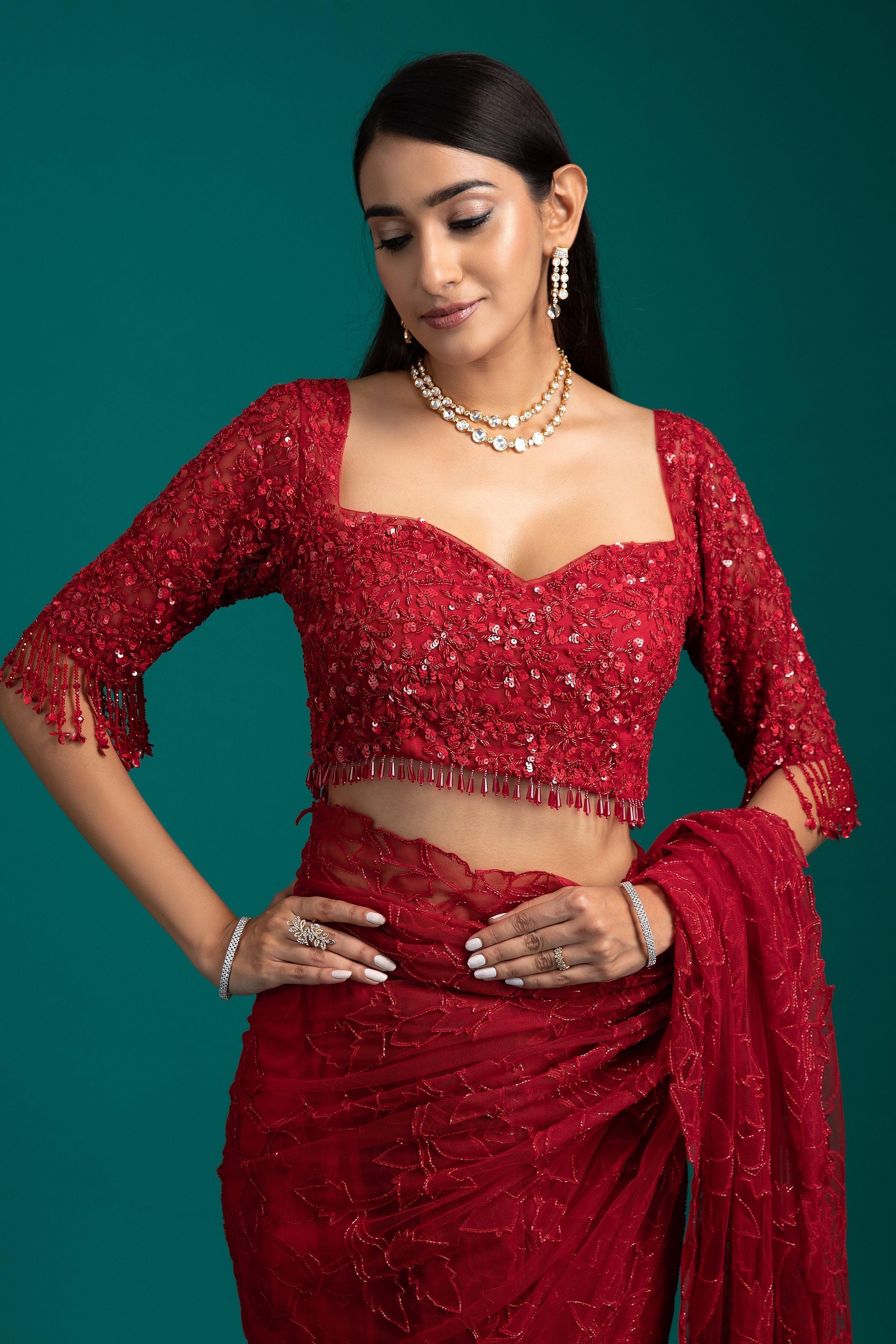 Exquisite Red Net Saree - Mokshaa