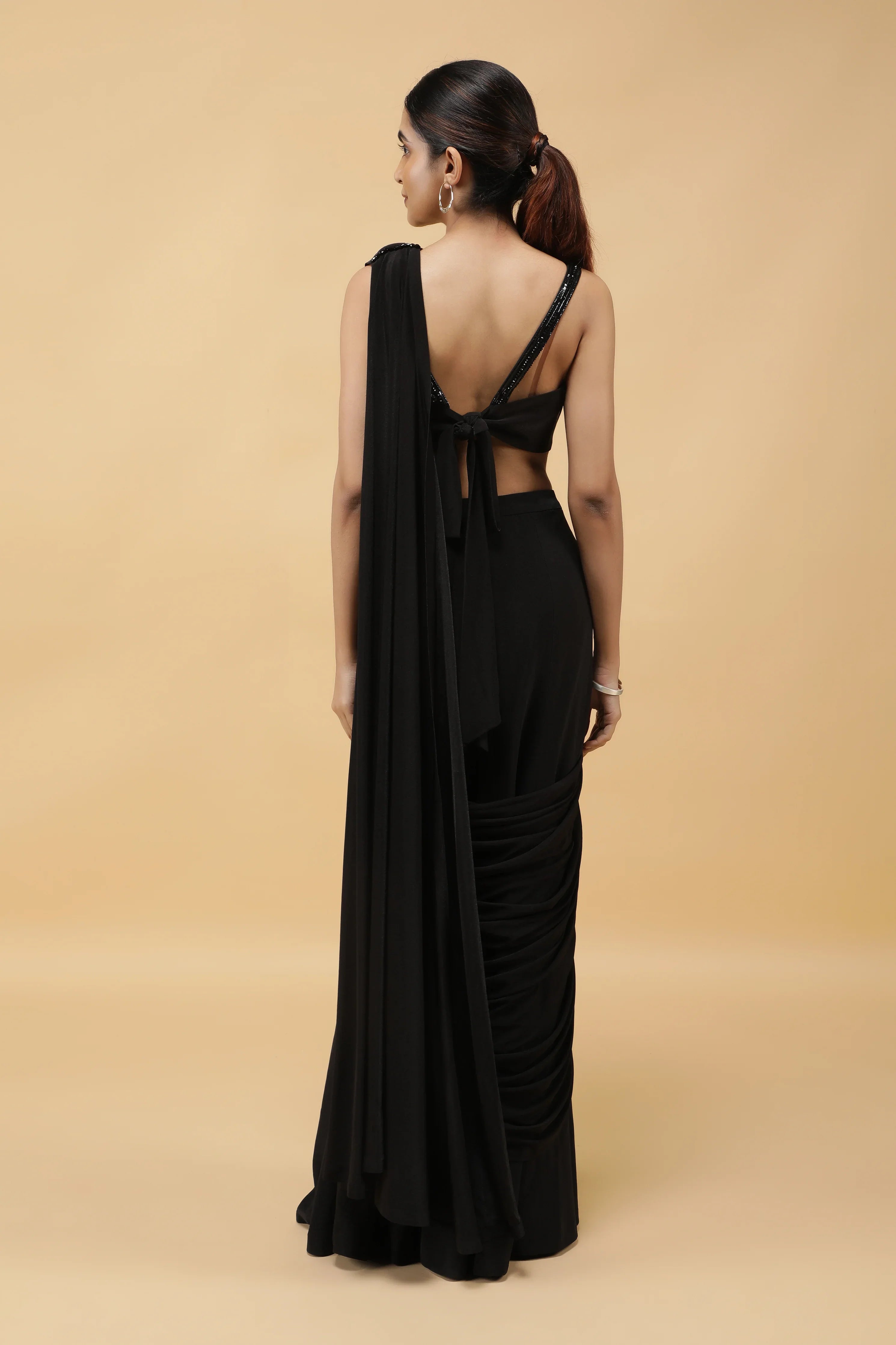 Midnight Luxe Kutdana Embroidered Draped Saree Gown - Mokshaa