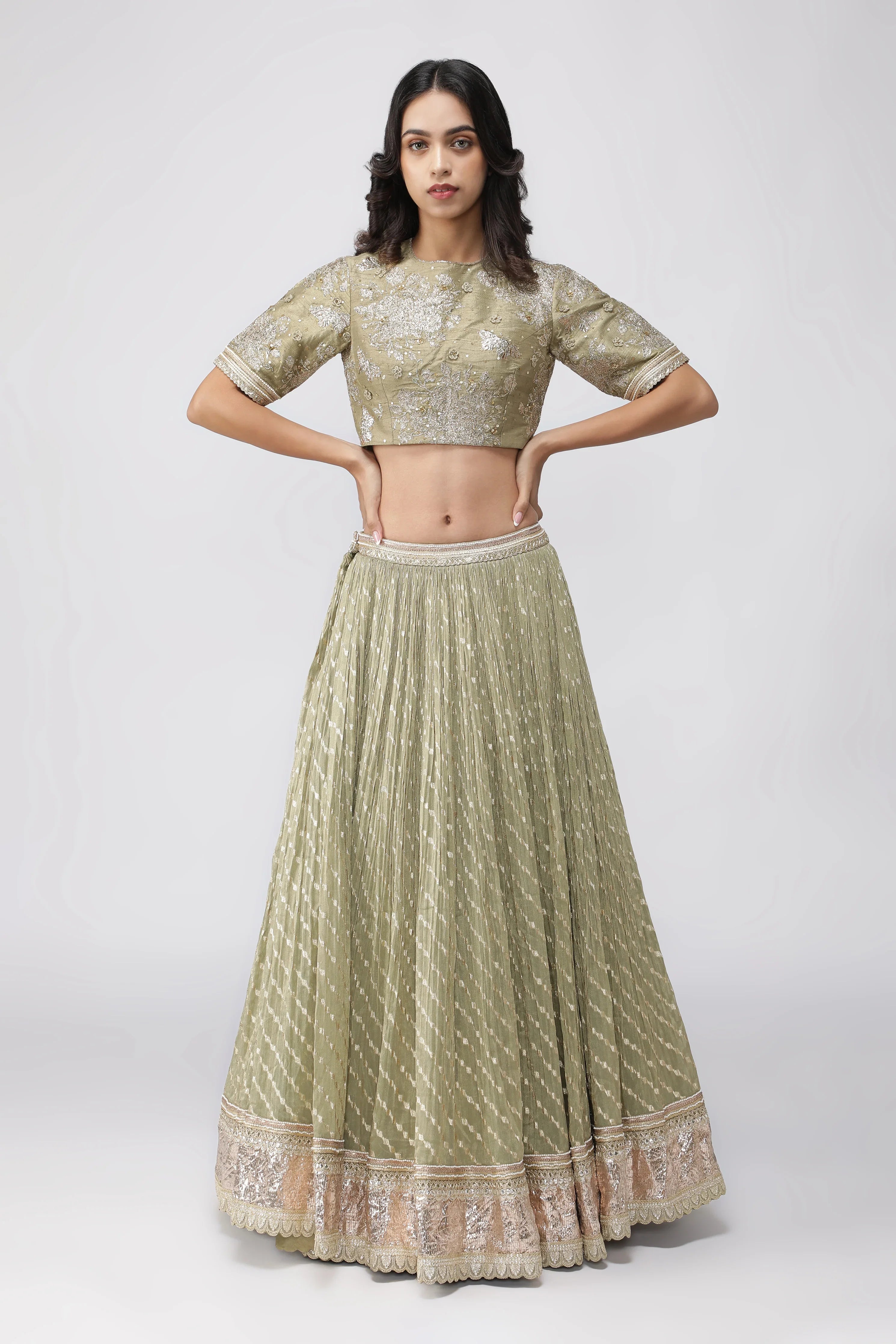 Green Chanderi Tissue Lehenga with Zari and Sequins Embroidery - Mokshaa