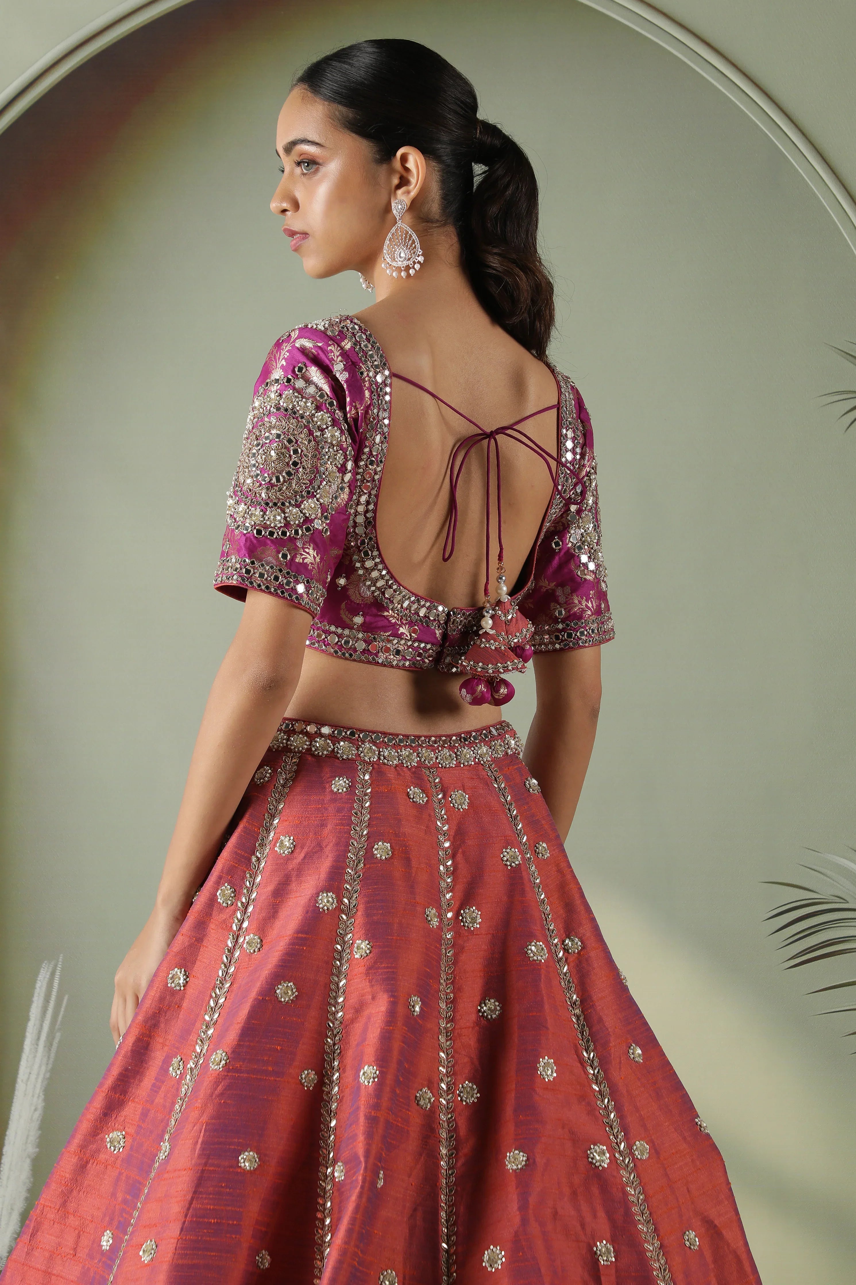 Dark Coral Raw Silk Mirror Work Lehenga Set - Mokshaa