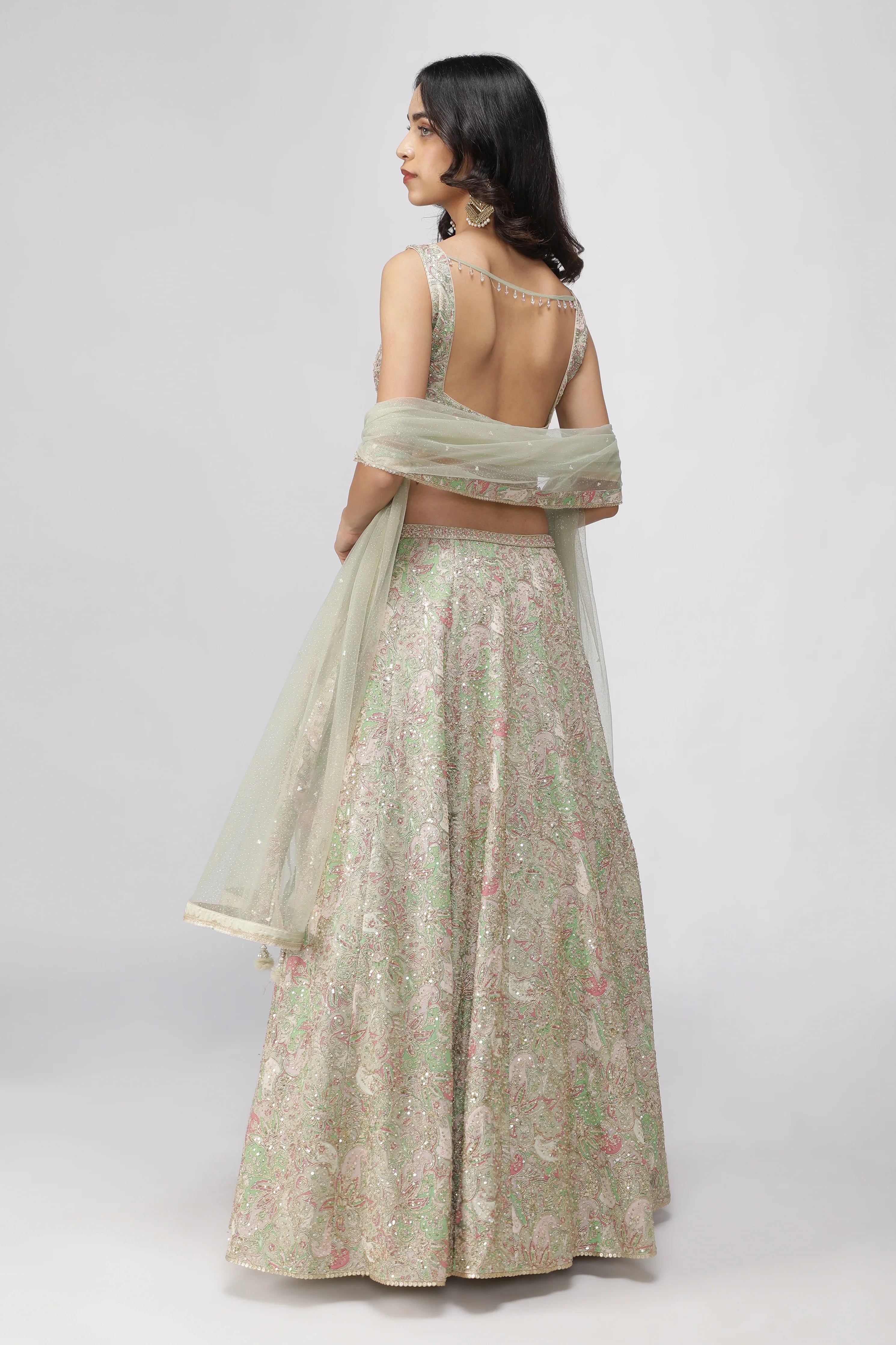 Pastel Green Printed Georgette Lehenga Set with Embellished Blouse - Mokshaa
