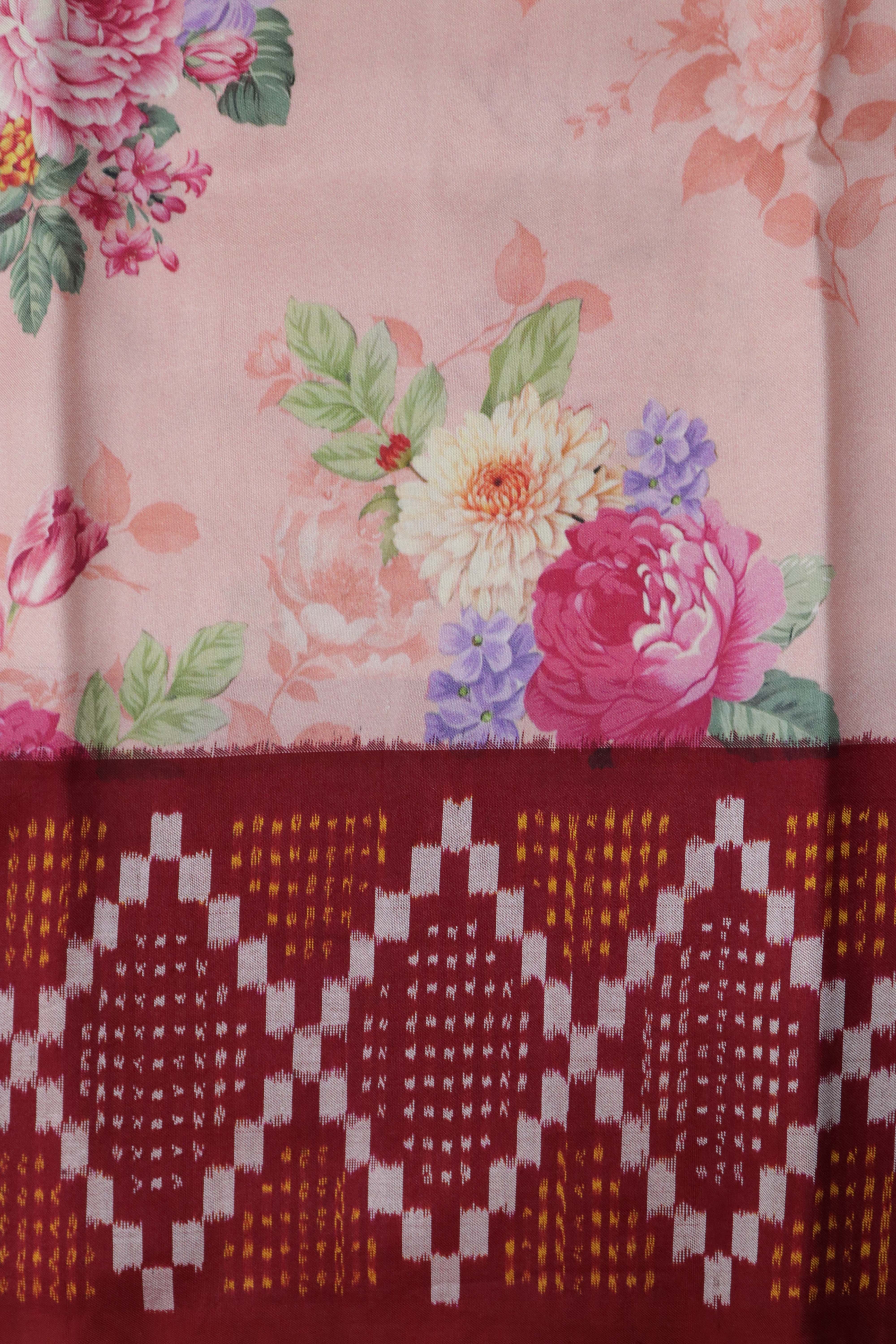 Pink Floral Printed Silk Saree with Ikat Border