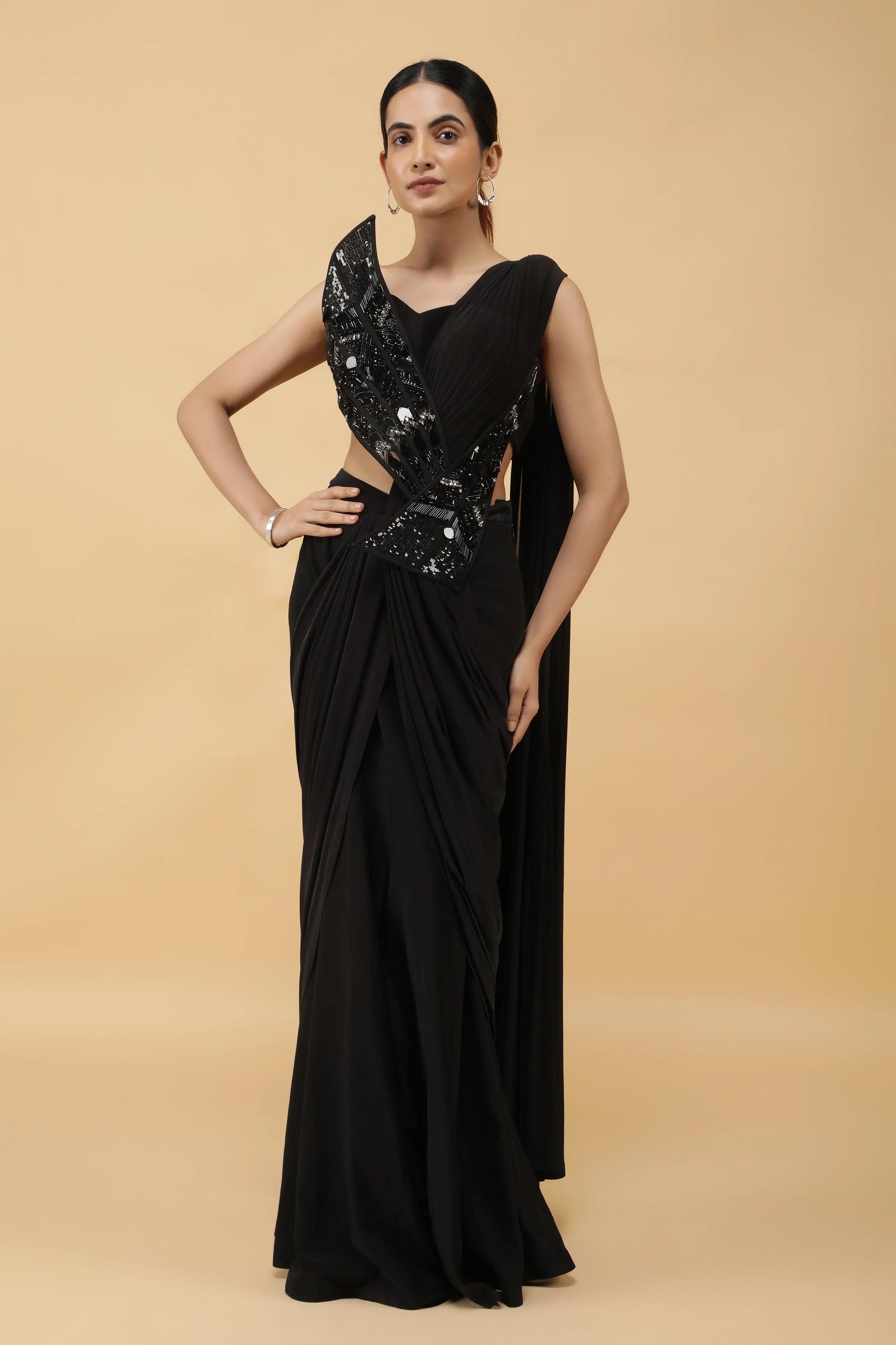 Midnight Luxe Kutdana Embroidered Draped Saree Gown - Mokshaa