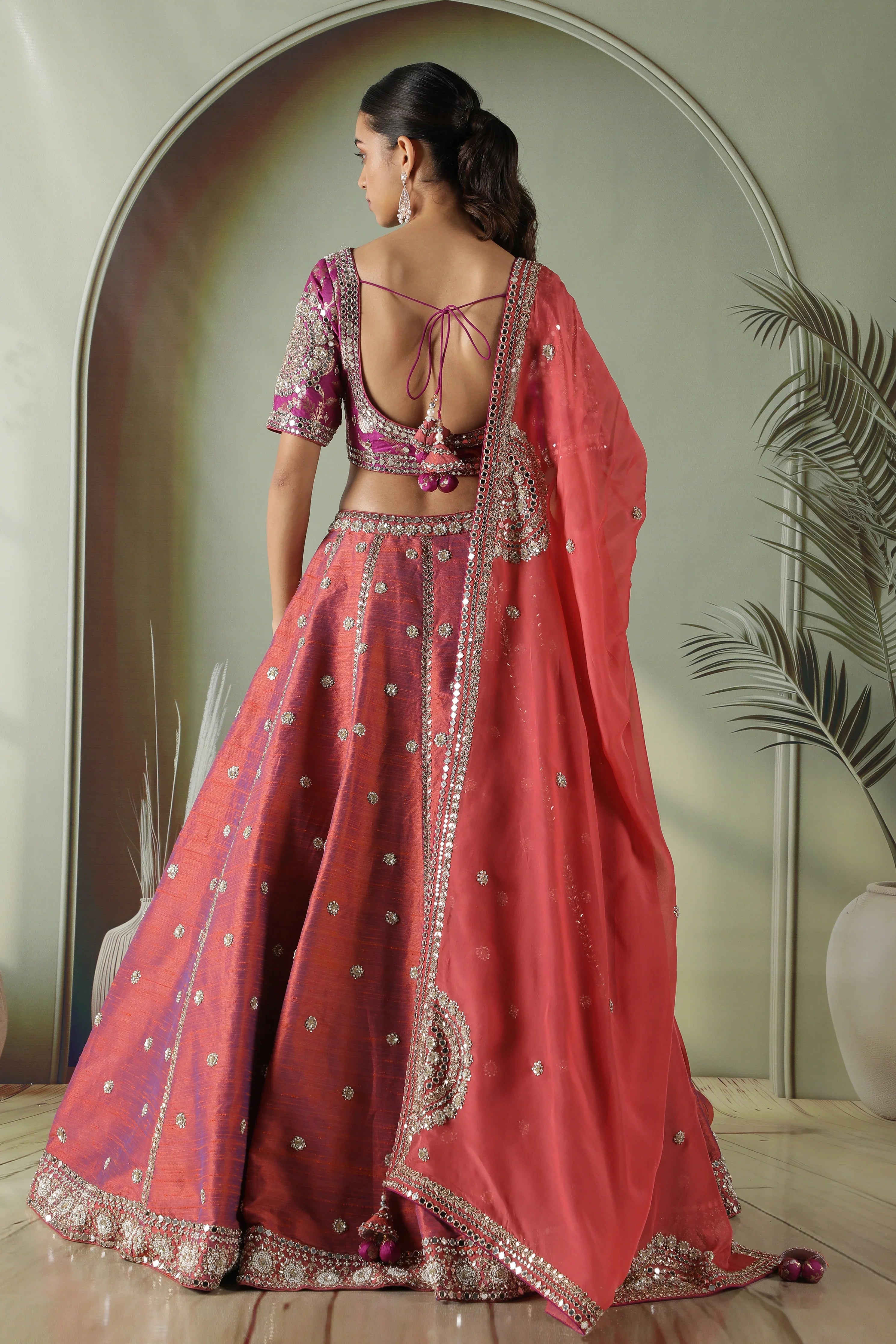 Dark Coral Raw Silk Mirror Work Lehenga Set - Mokshaa