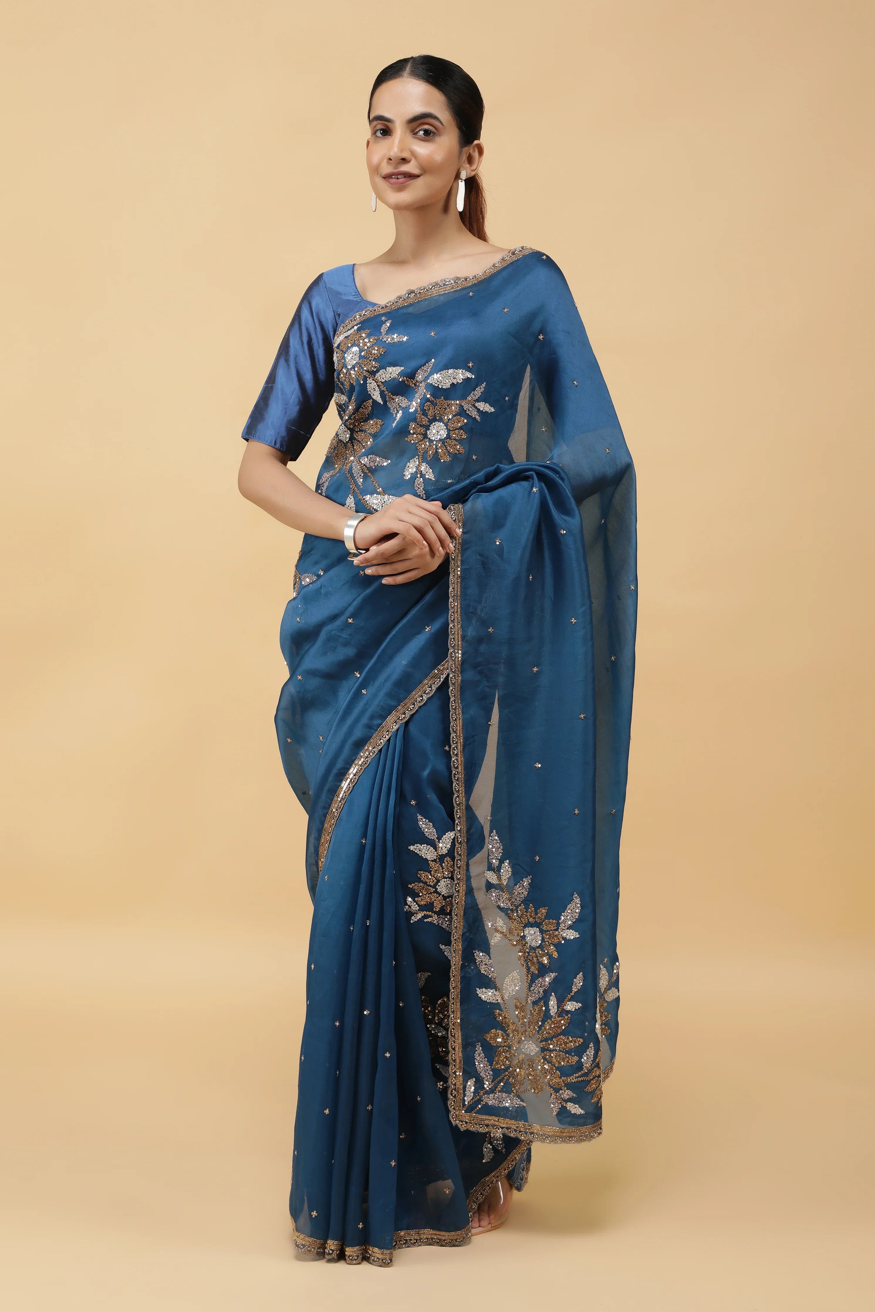 Serulel Blue Organza Saree with Sequin Embroidery - Mokshaa