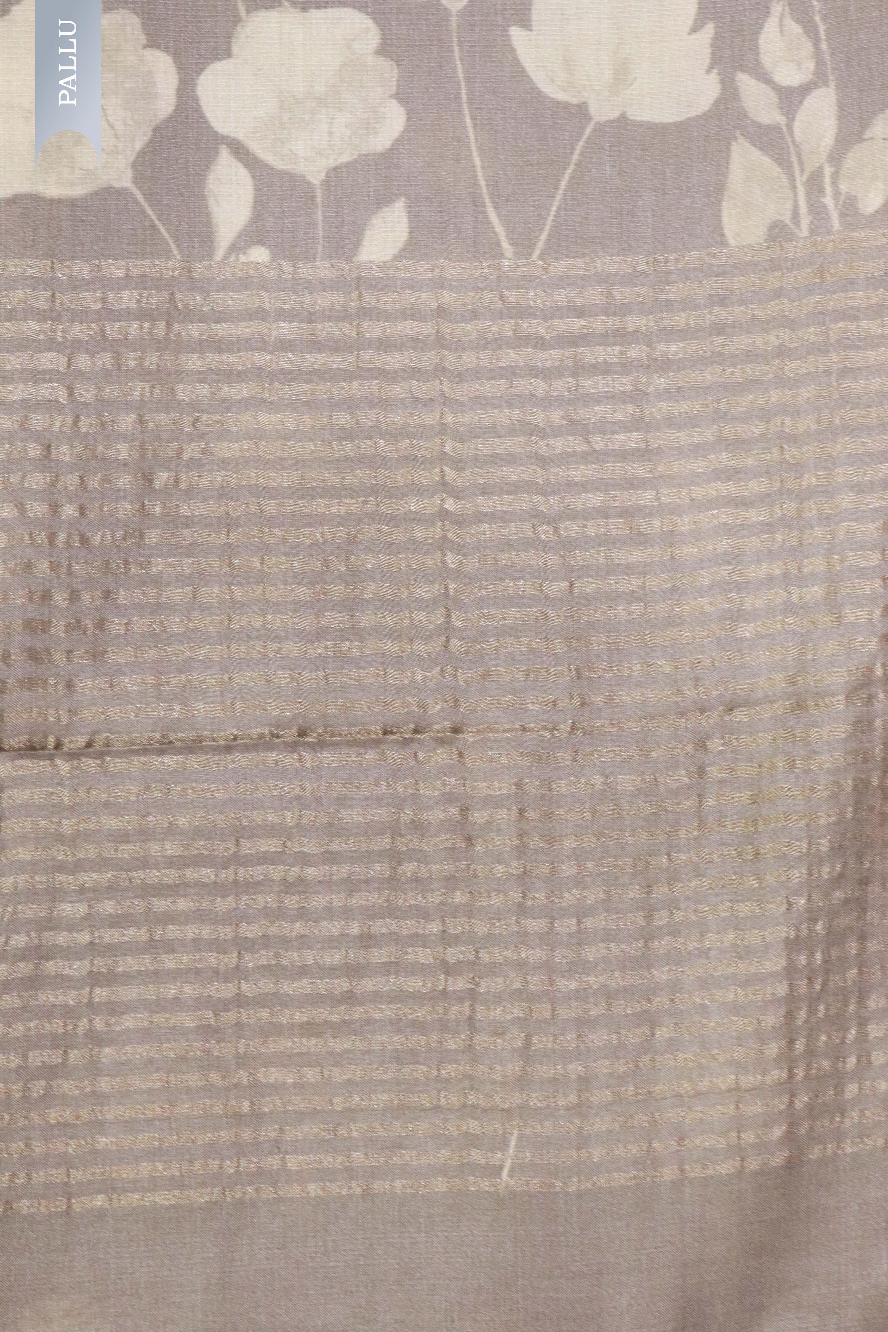 Dust Grey Tussar Silk Saree with All-Over Floral Print and Woven Border - Mokshaa