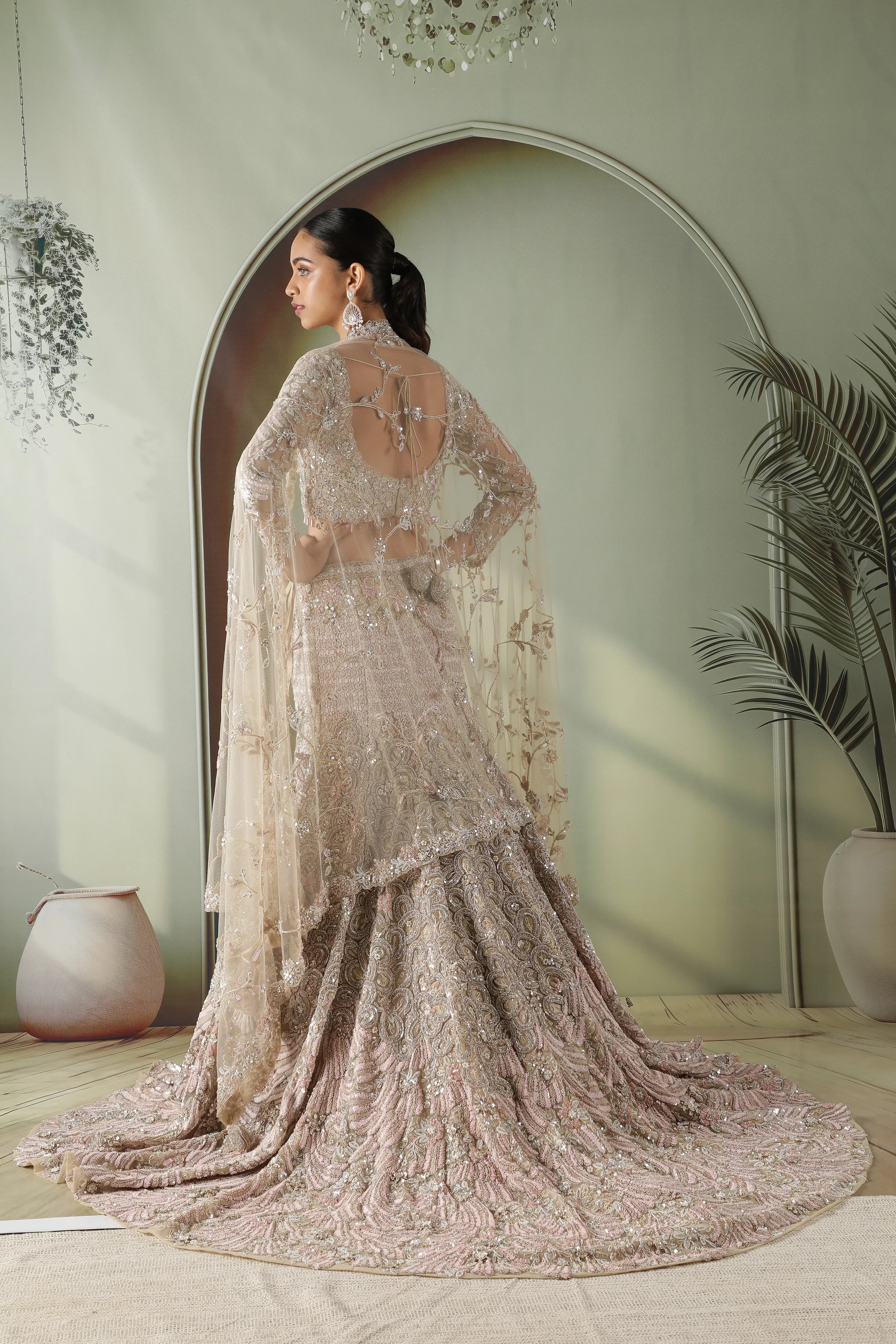 Beige Gold Mermaid Cut Bridal Lehenga Set with Trail - Mokshaa
