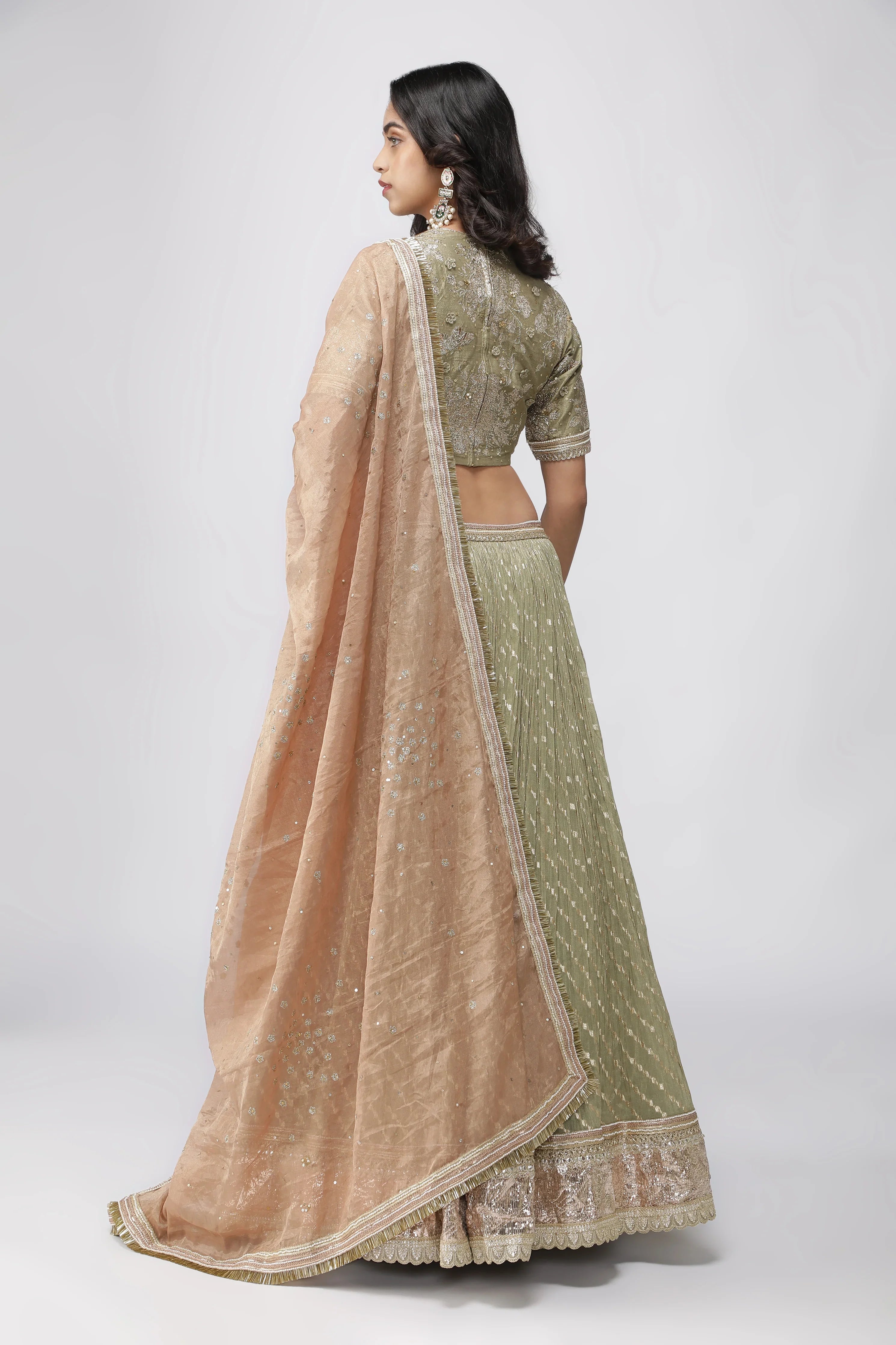 Green Chanderi Tissue Lehenga with Zari and Sequins Embroidery - Mokshaa