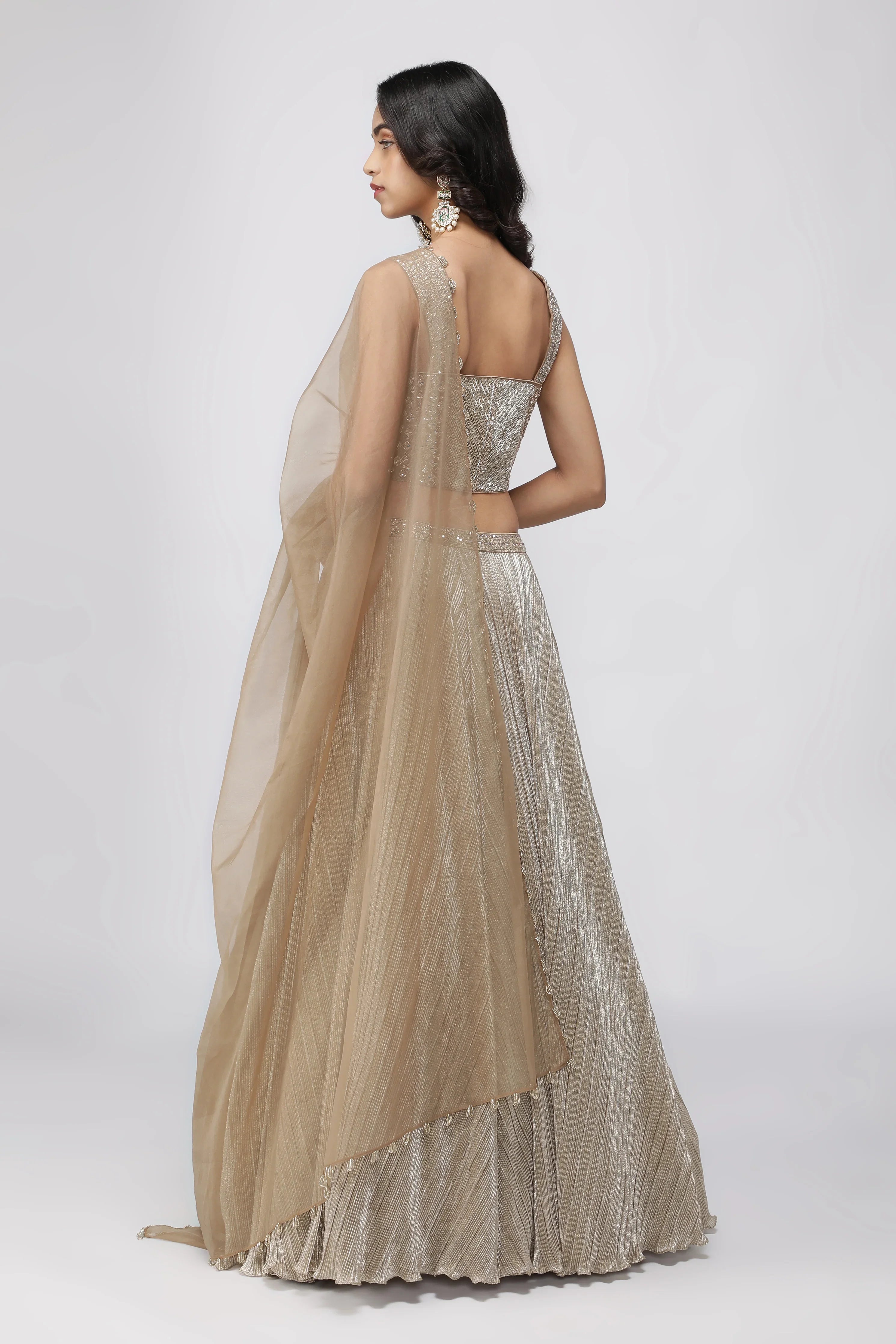 Dark Gold Crush Lehenga with Corset Blouse - Mokshaa