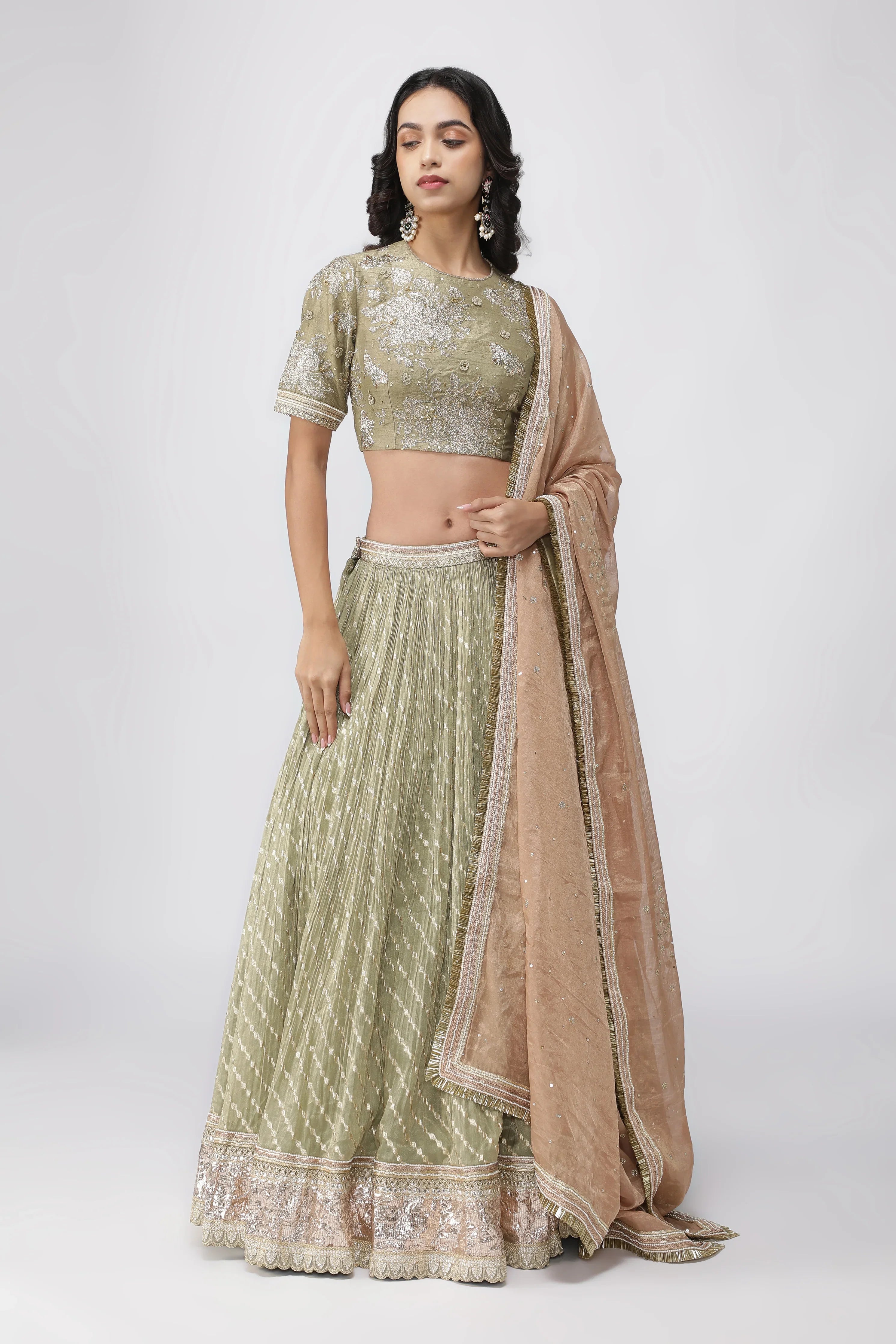 Green Chanderi Tissue Lehenga with Zari and Sequins Embroidery - Mokshaa