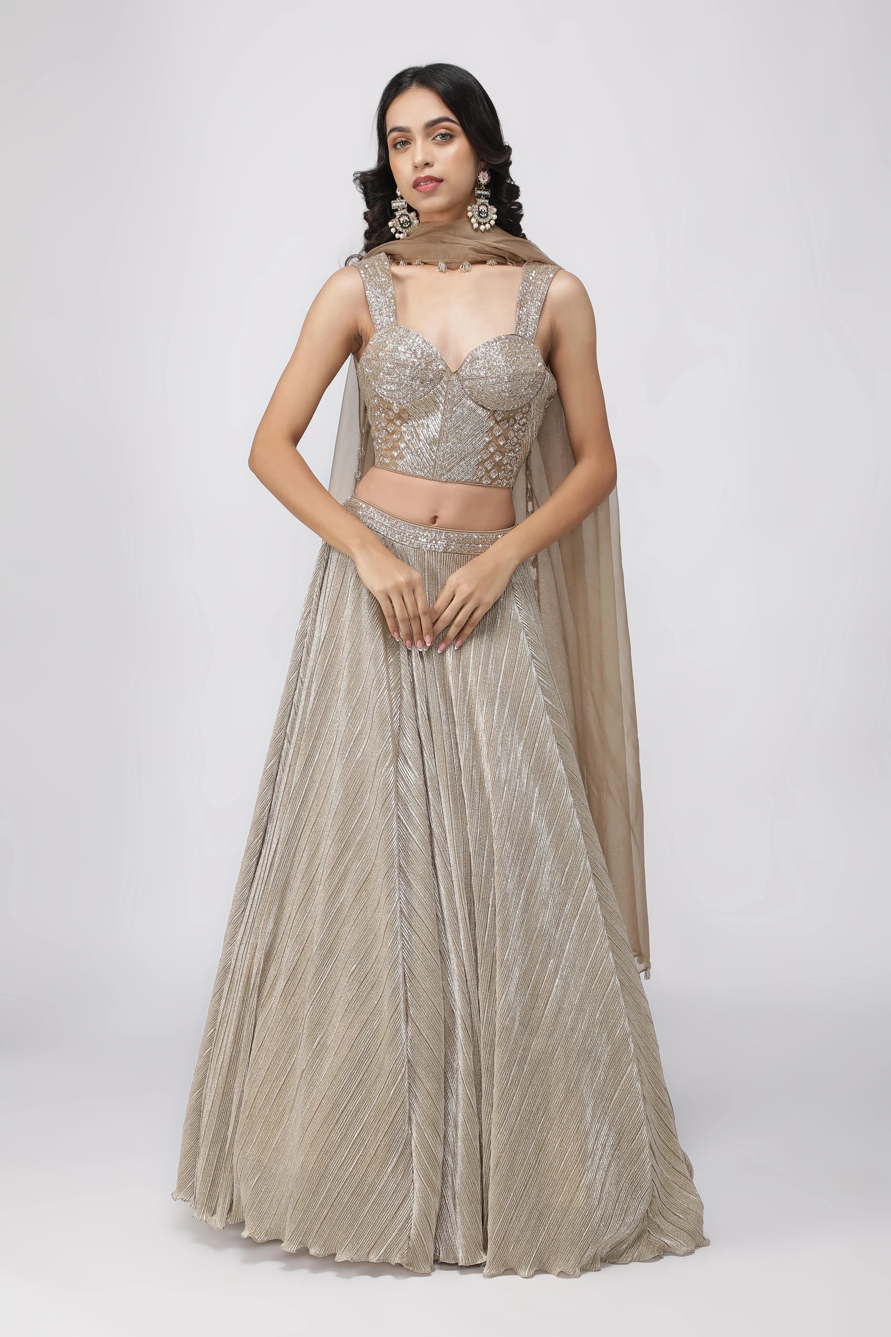 Dark Gold Crush Lehenga with Corset Blouse - Mokshaa