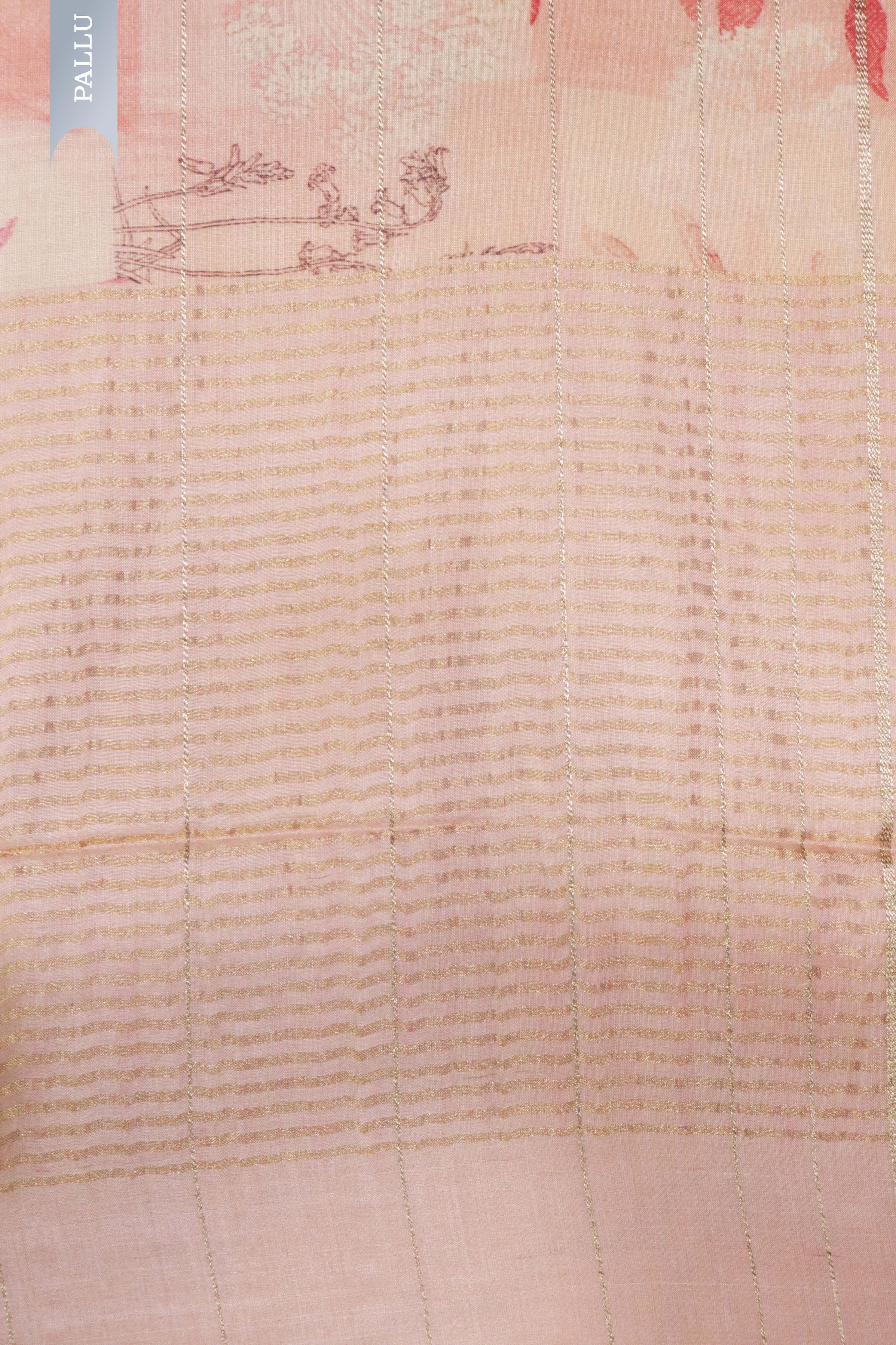 Peach Tussar Silk Saree with Golden Stripes & Printed Motifs - Mokshaa