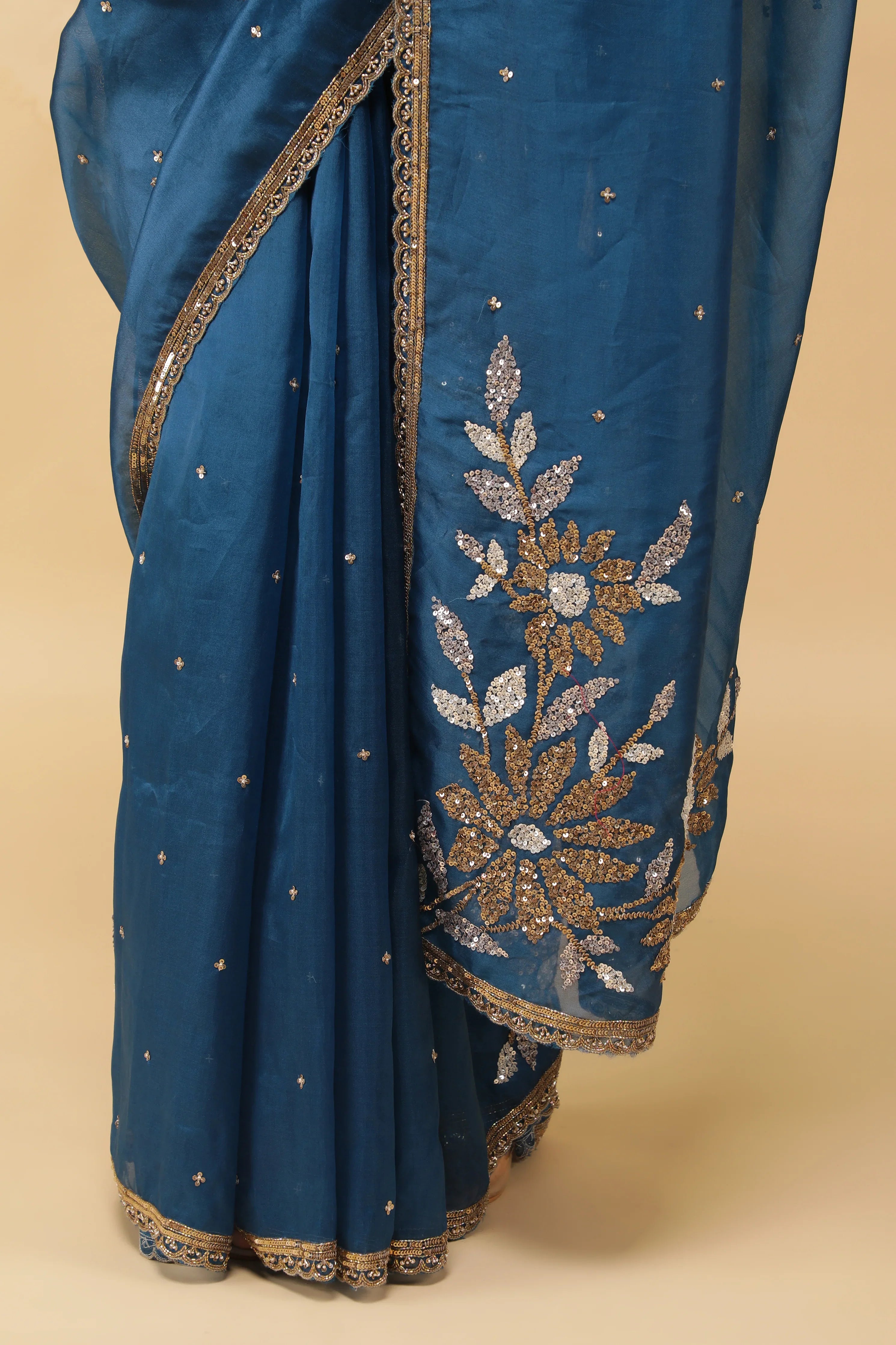 Serulel Blue Organza Saree with Sequin Embroidery - Mokshaa