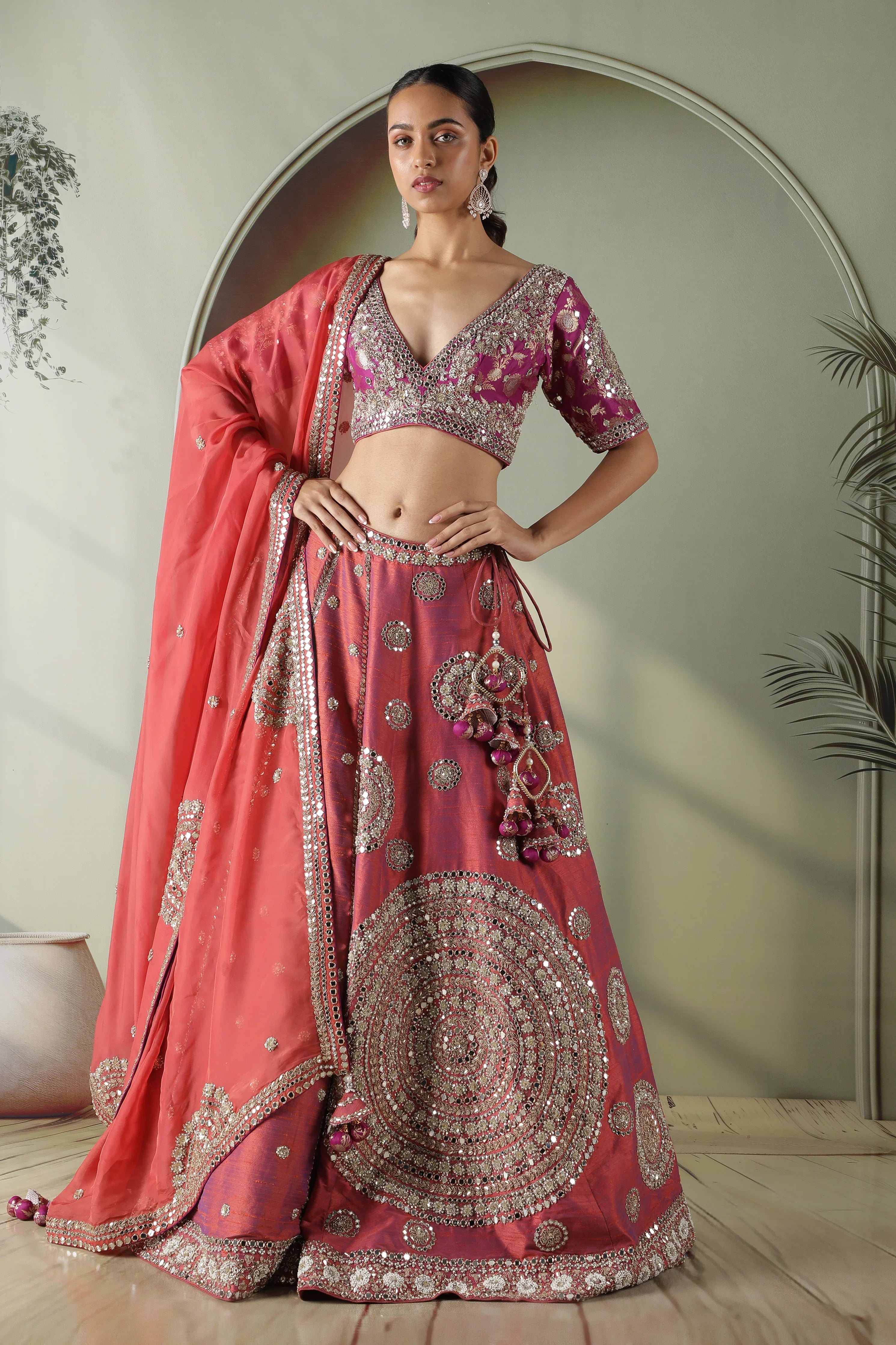 Dark Coral Raw Silk Mirror Work Lehenga Set - Mokshaa