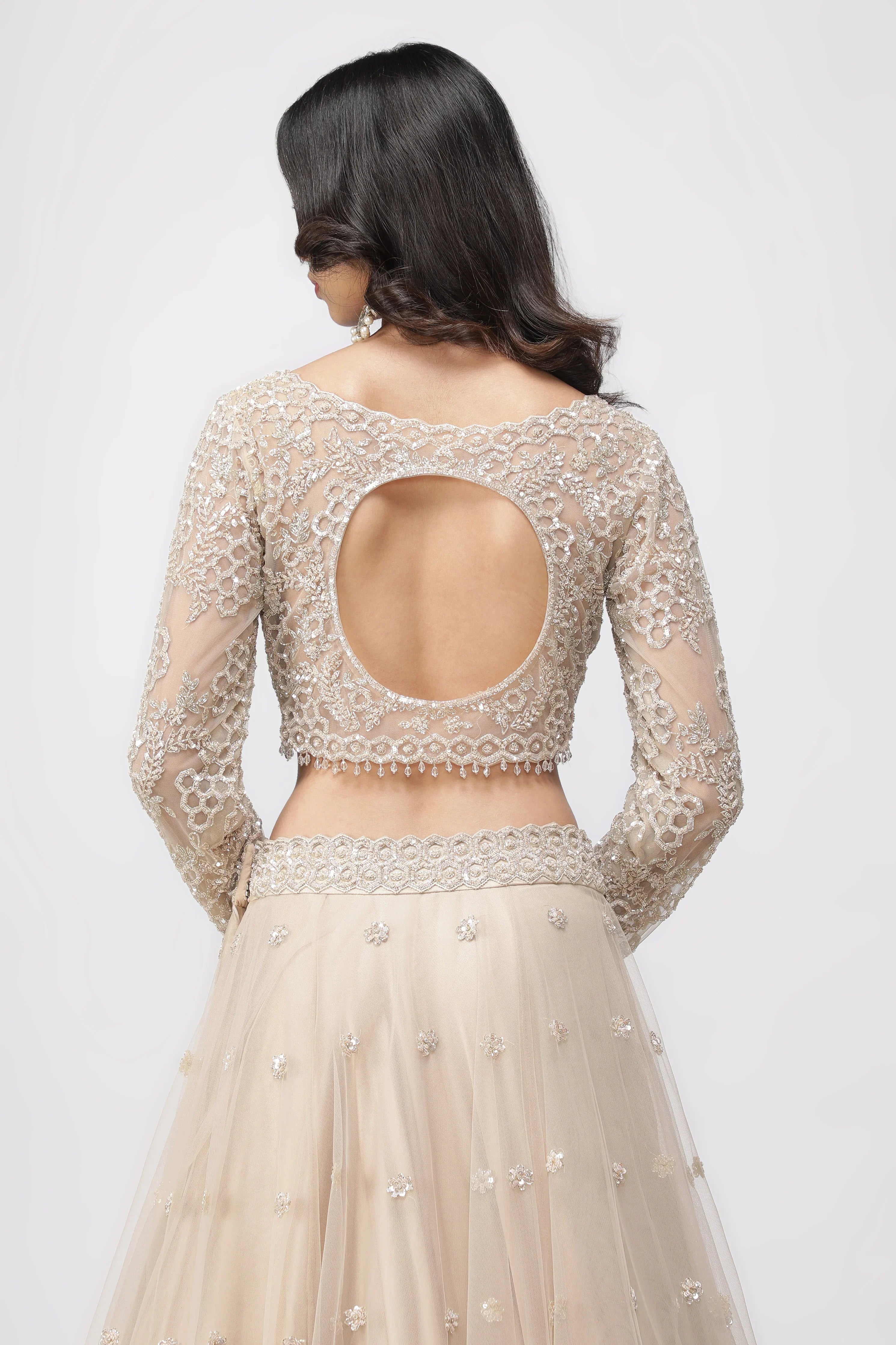 Light Beige Net Lehenga Set with Sequin and Cutdana Embroidery - Mokshaa