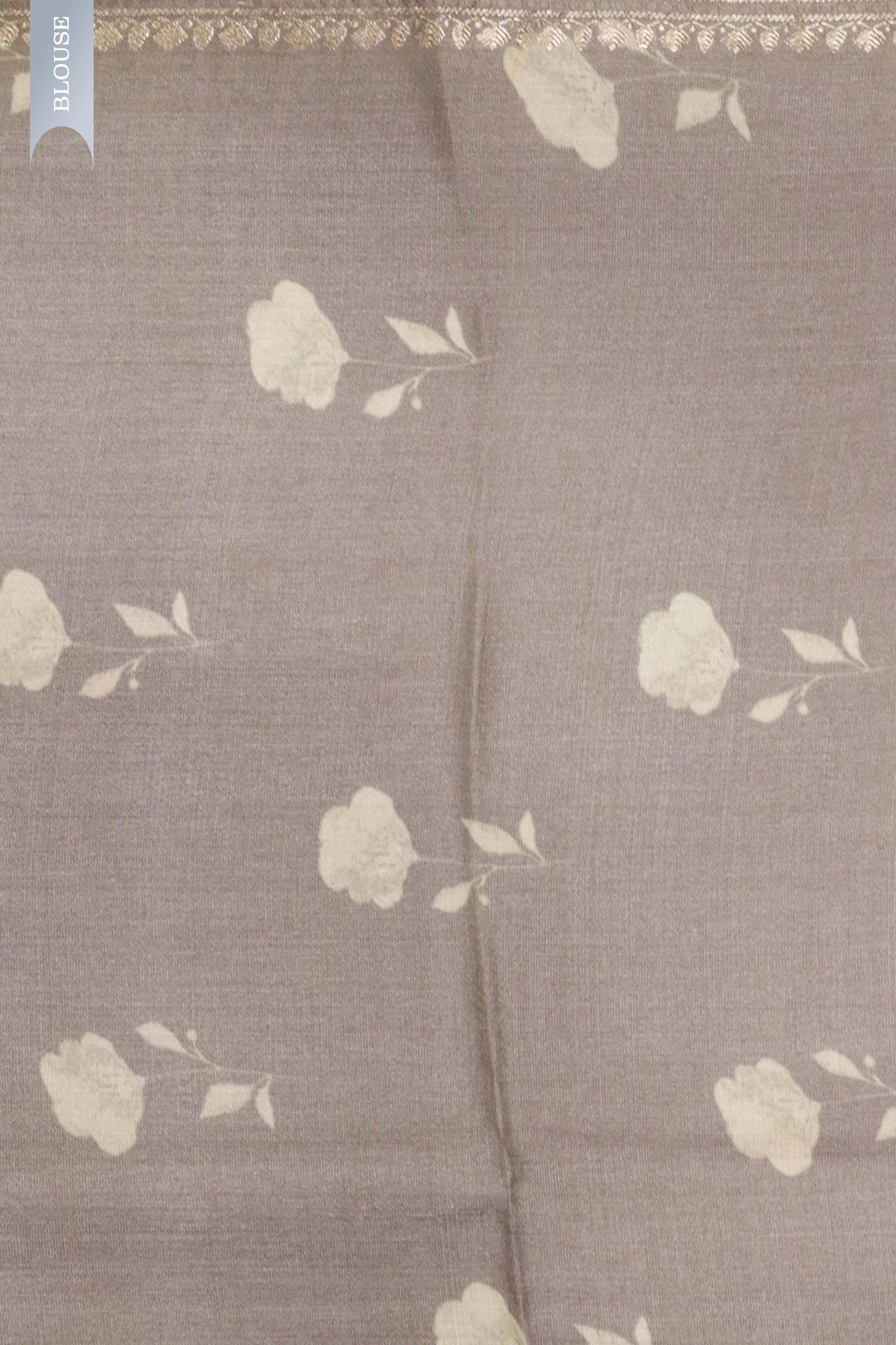 Dust Grey Tussar Silk Saree with All-Over Floral Print and Woven Border - Mokshaa