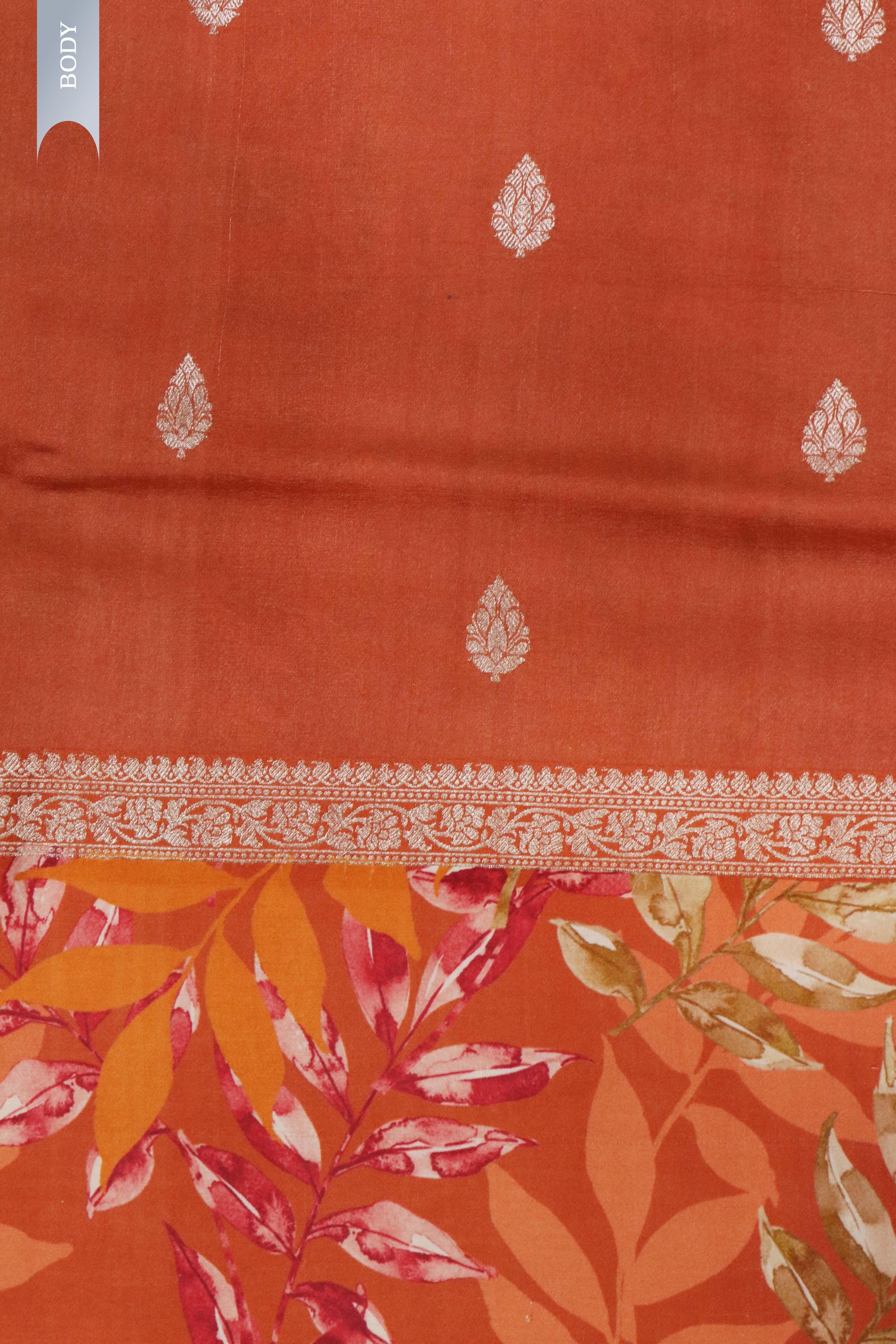Orange Tussar Silk Saree with Silver Zari Motifs & Printed Border - Mokshaa