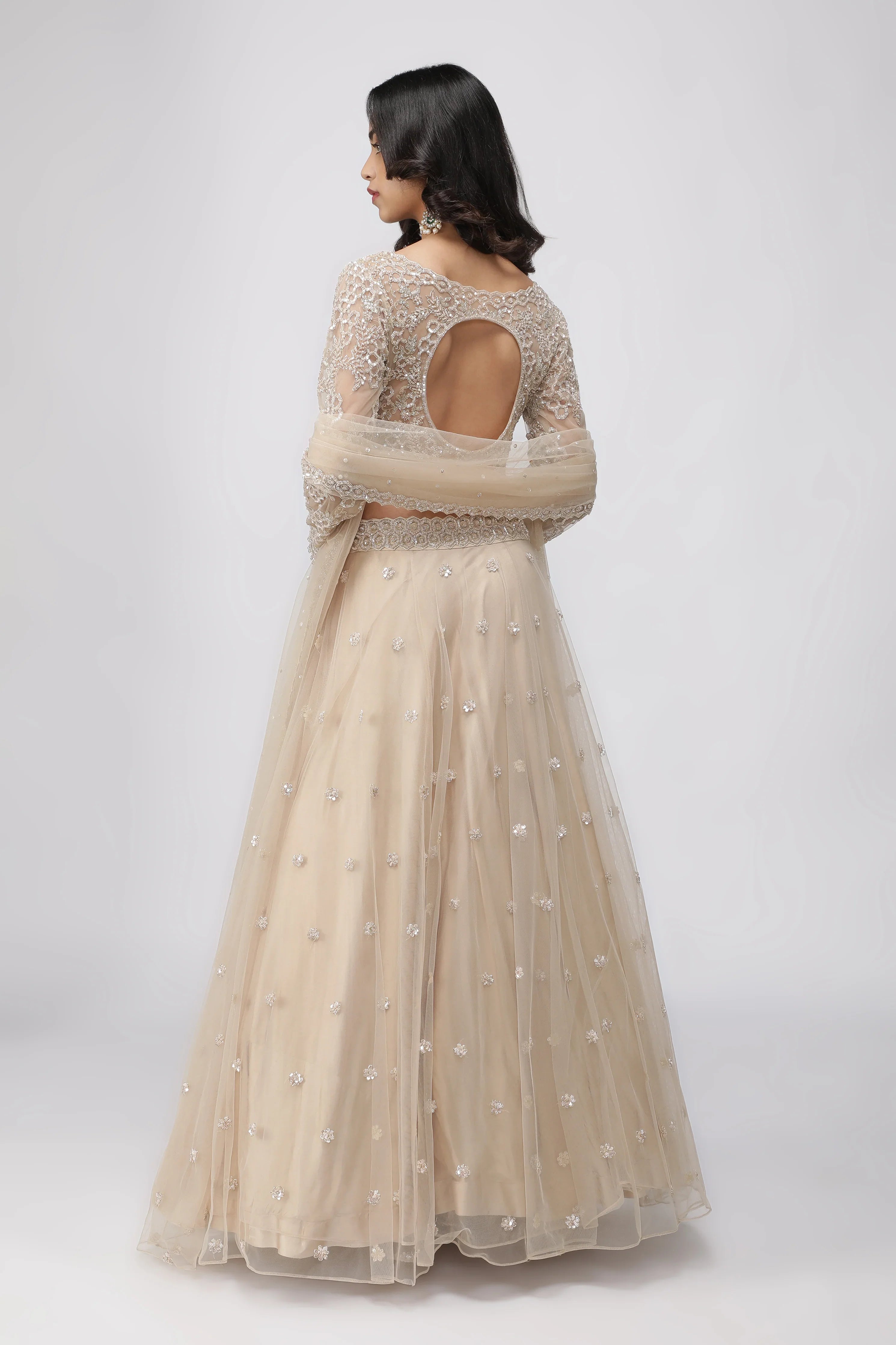 Light Beige Net Lehenga Set with Sequin and Cutdana Embroidery - Mokshaa