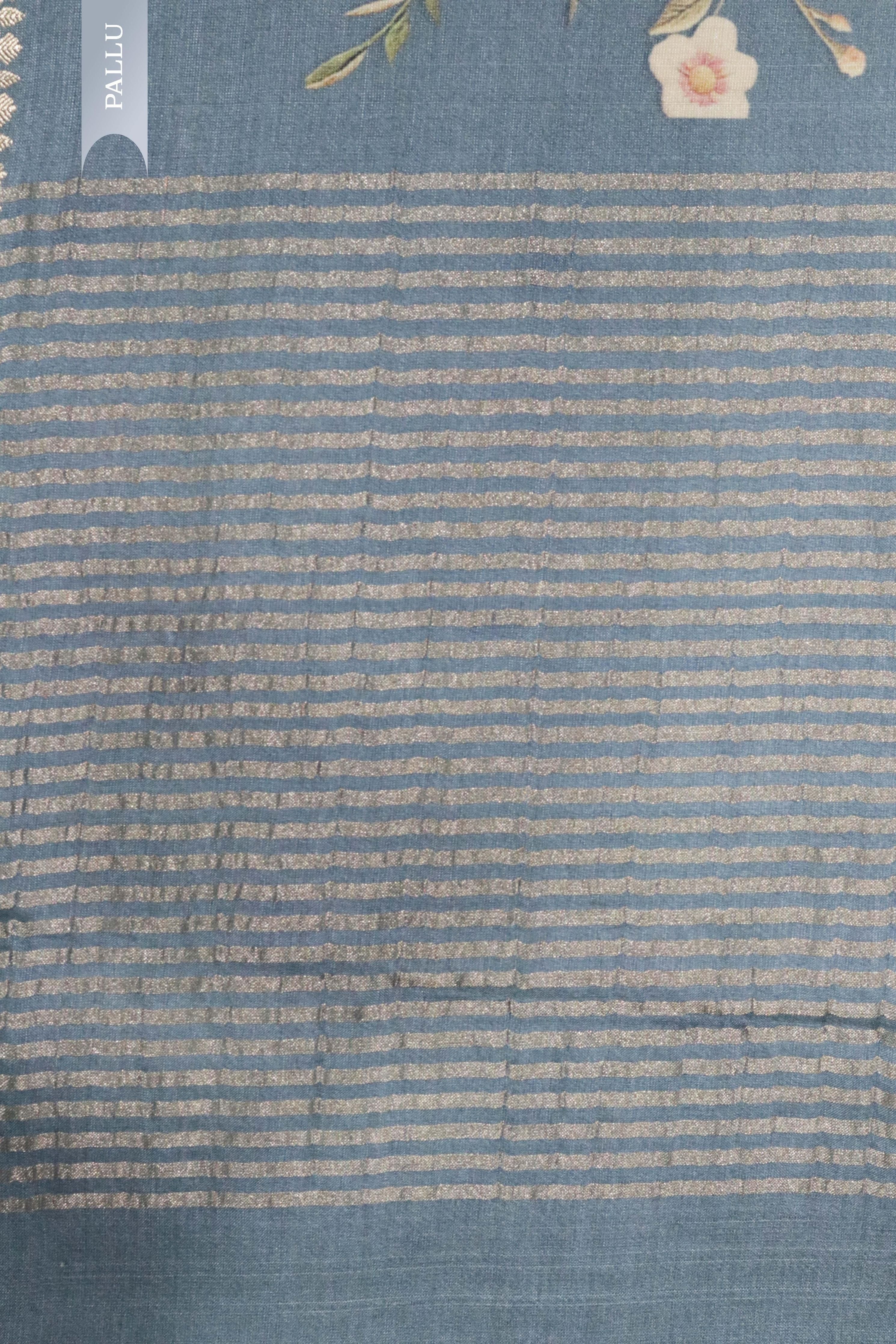 Pastel Blue Tussar Silk Saree with Floral Print & Zari Border - Mokshaa