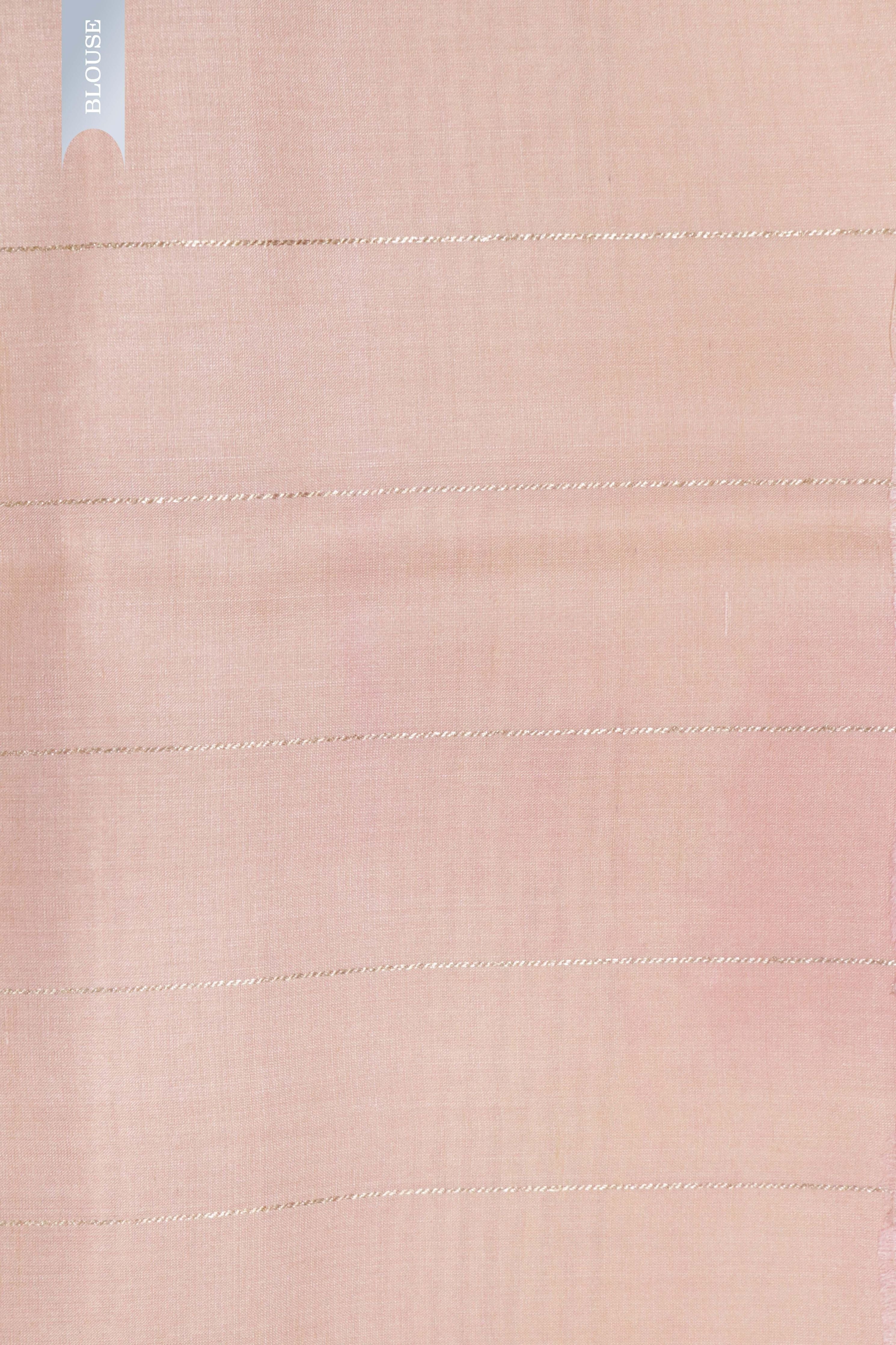 Peach Tussar Silk Saree with Golden Stripes & Printed Motifs - Mokshaa