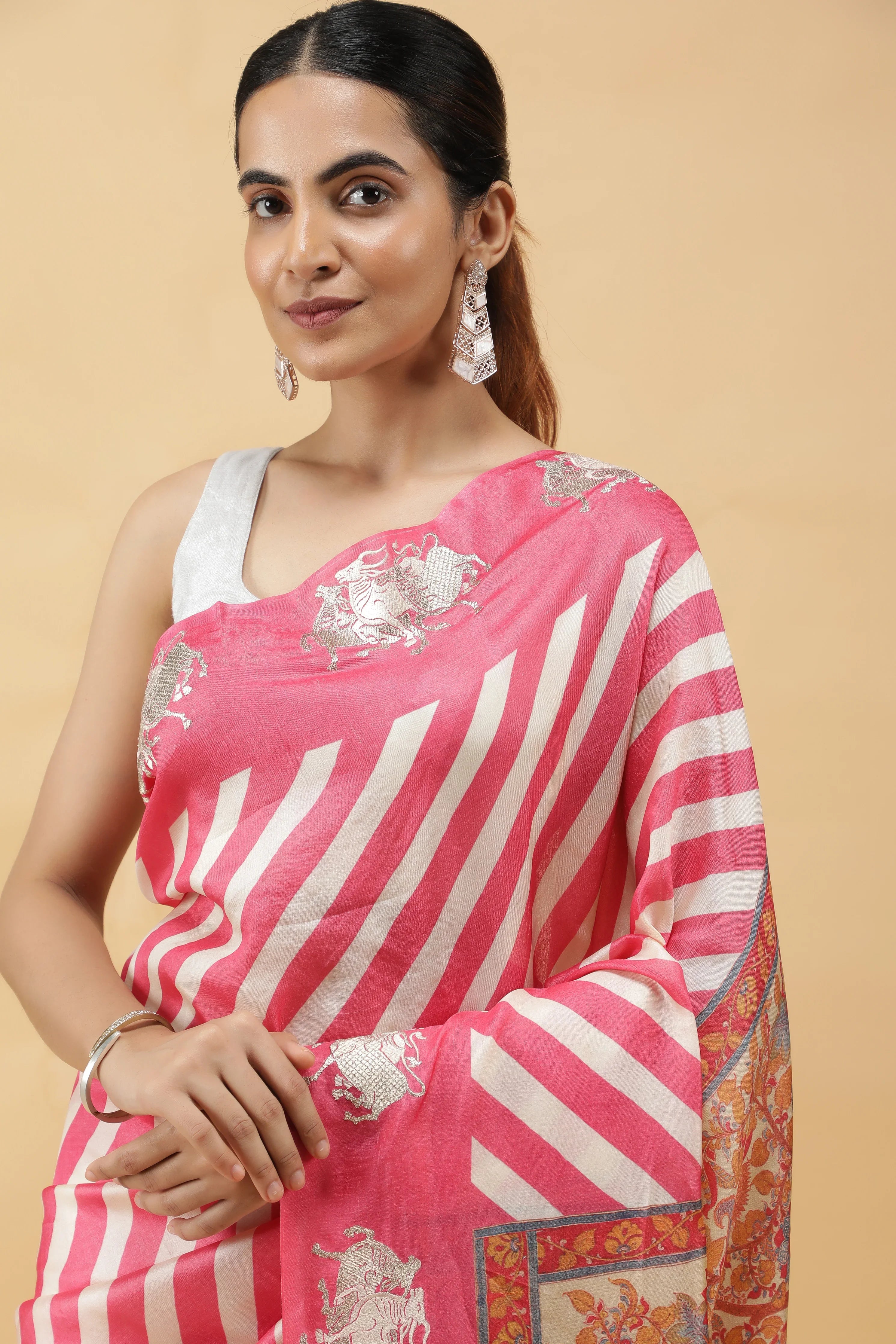 Pink & Off-White Tussar Silk Saree with Zari Motifs and Kalamkari Pallu - Mokshaa