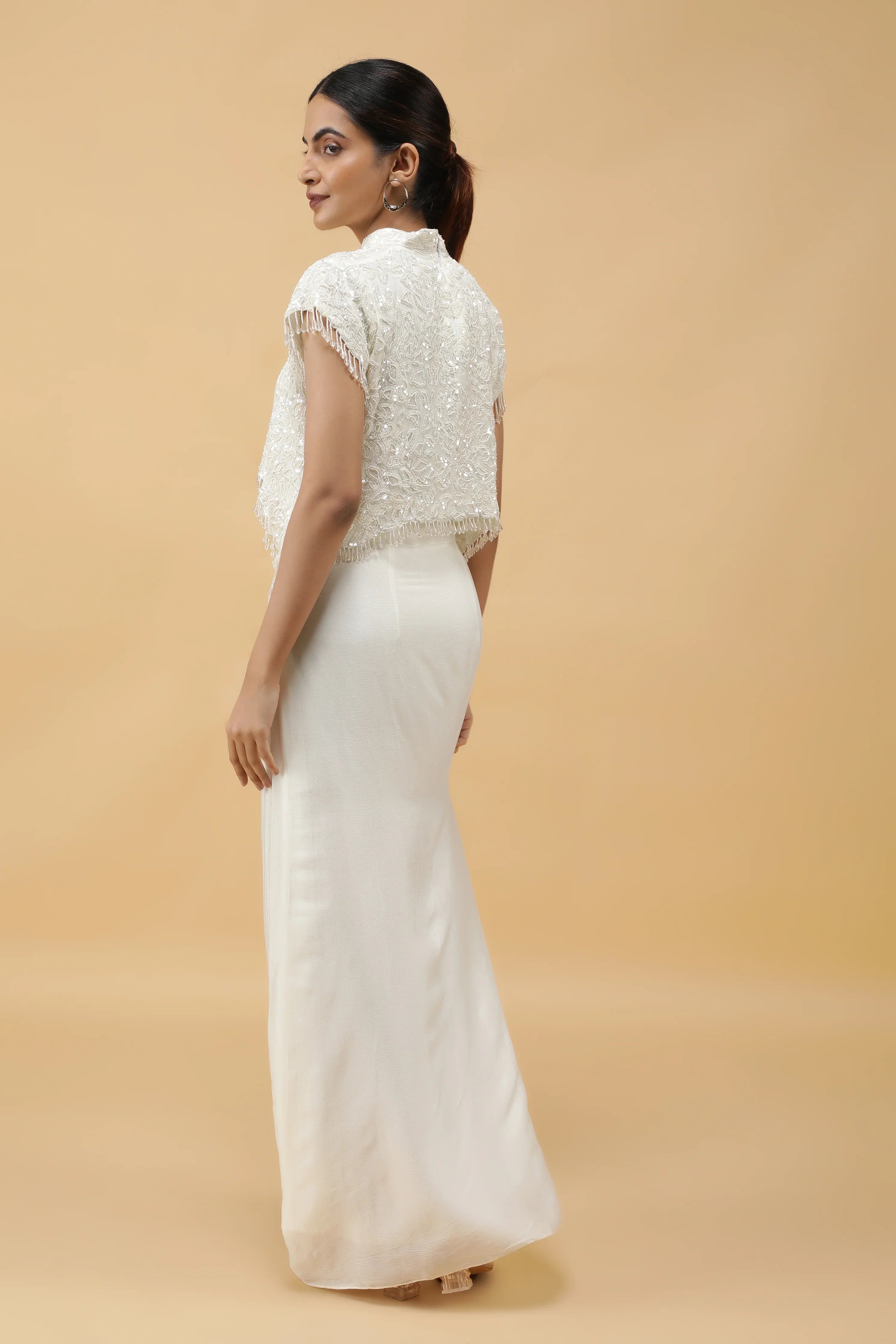 Ivory Gleam Pearl Sequin Crop Top & Draped Skirt Set - Mokshaa