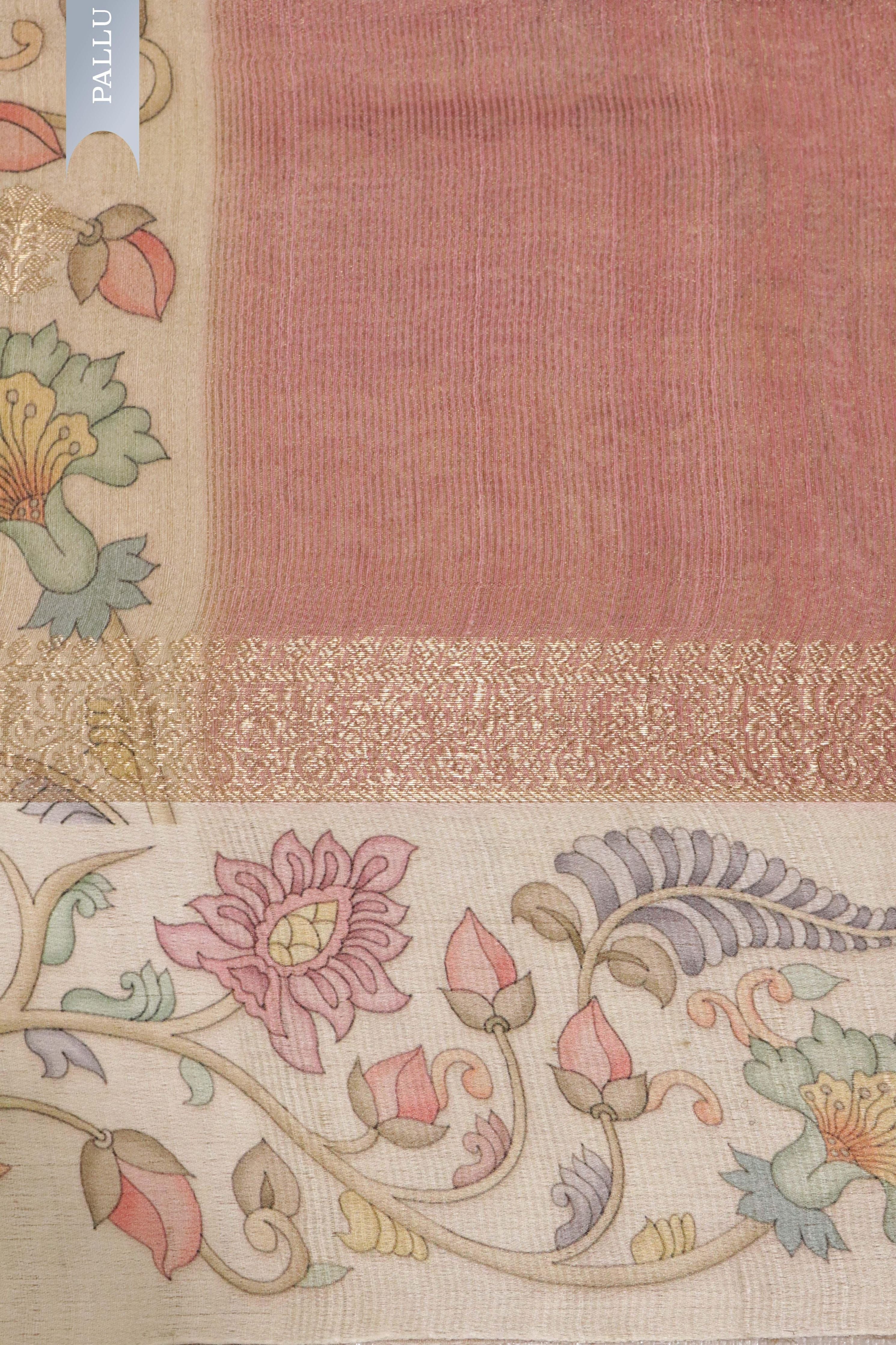 Banaras Tussar Silk Saree in Peach with Zari Motifs & Kalamkari Border - Mokshaa
