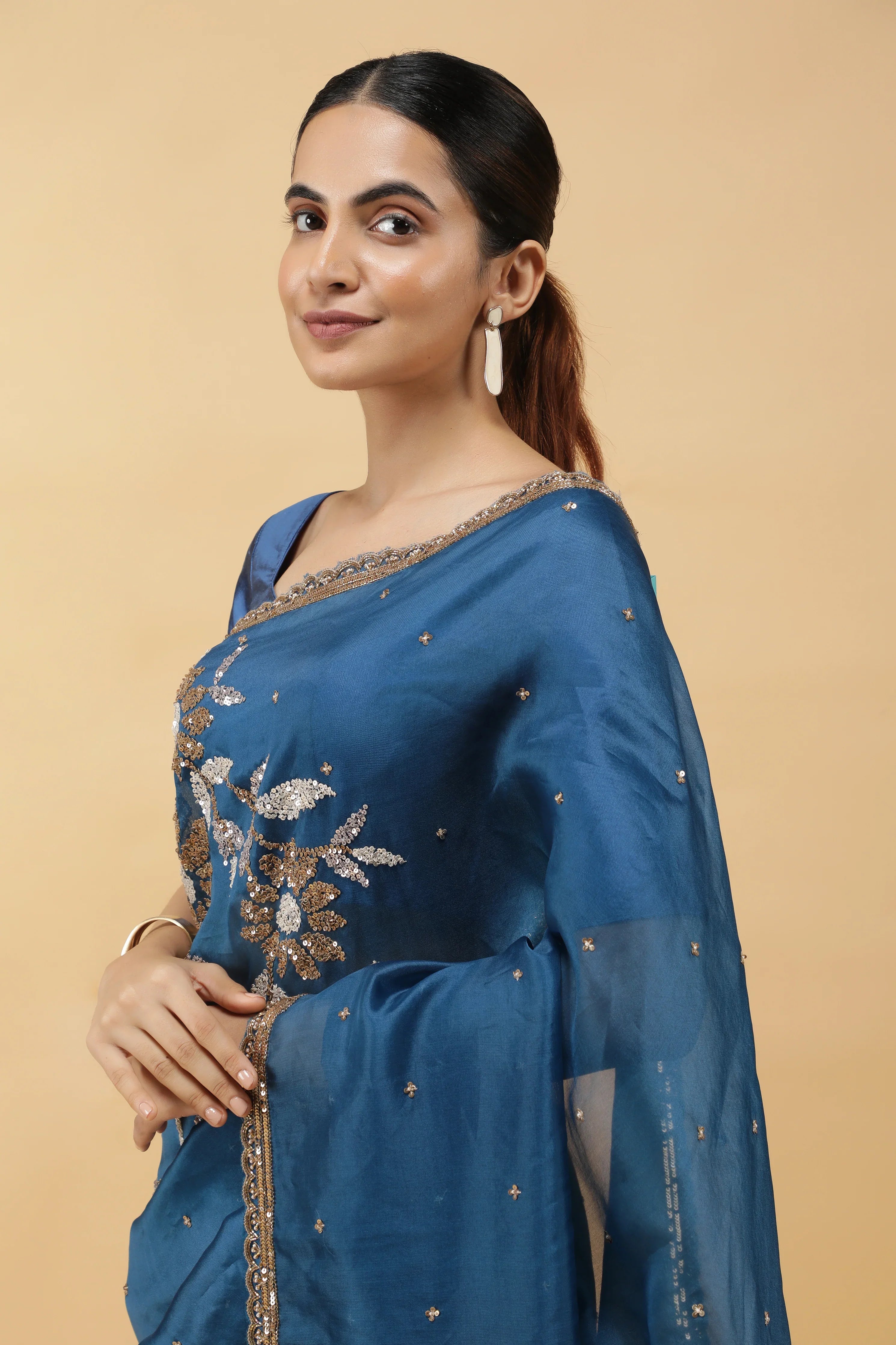 Serulel Blue Organza Saree with Sequin Embroidery - Mokshaa