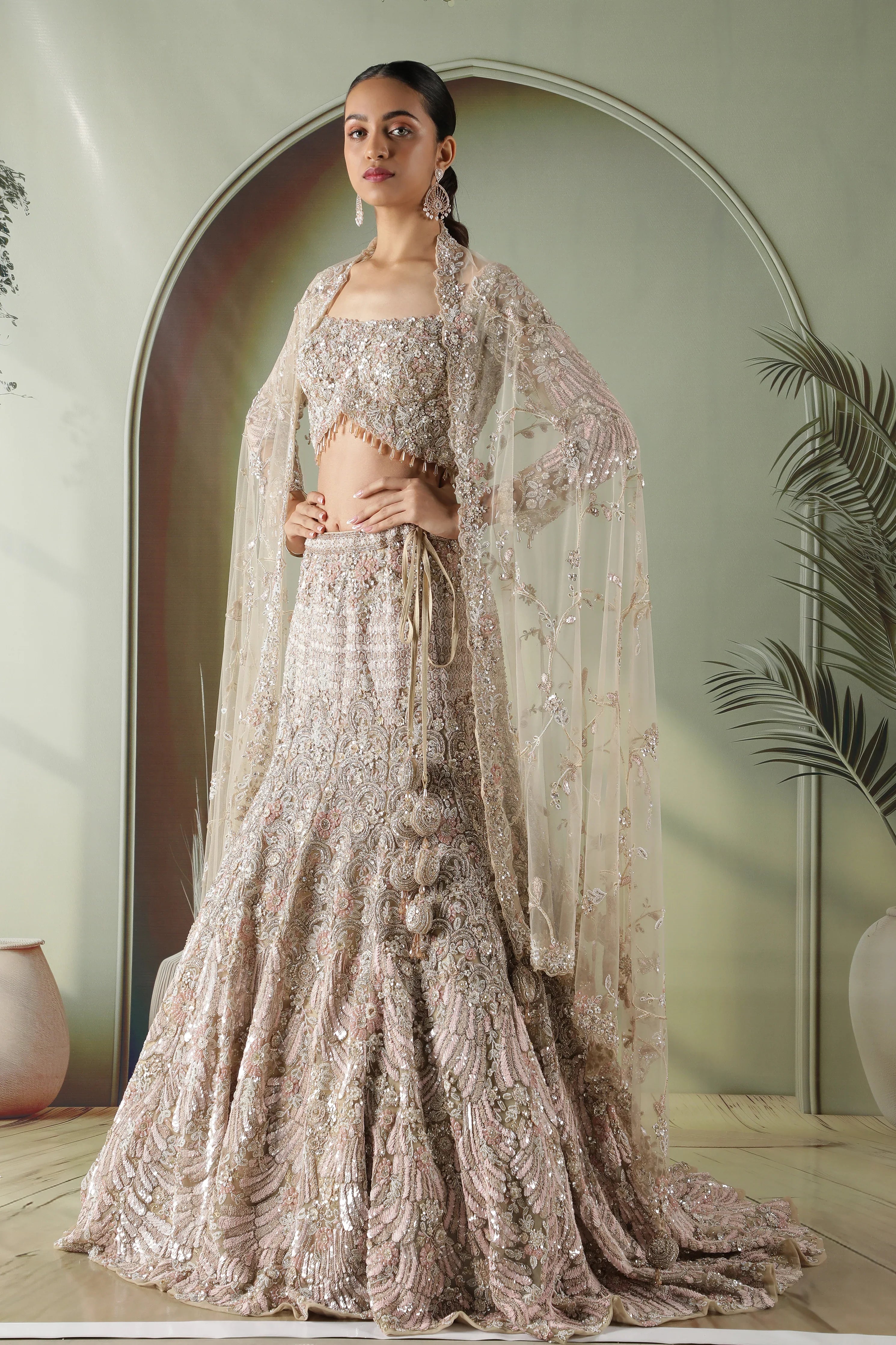 Beige Gold Mermaid Cut Bridal Lehenga Set with Trail - Mokshaa