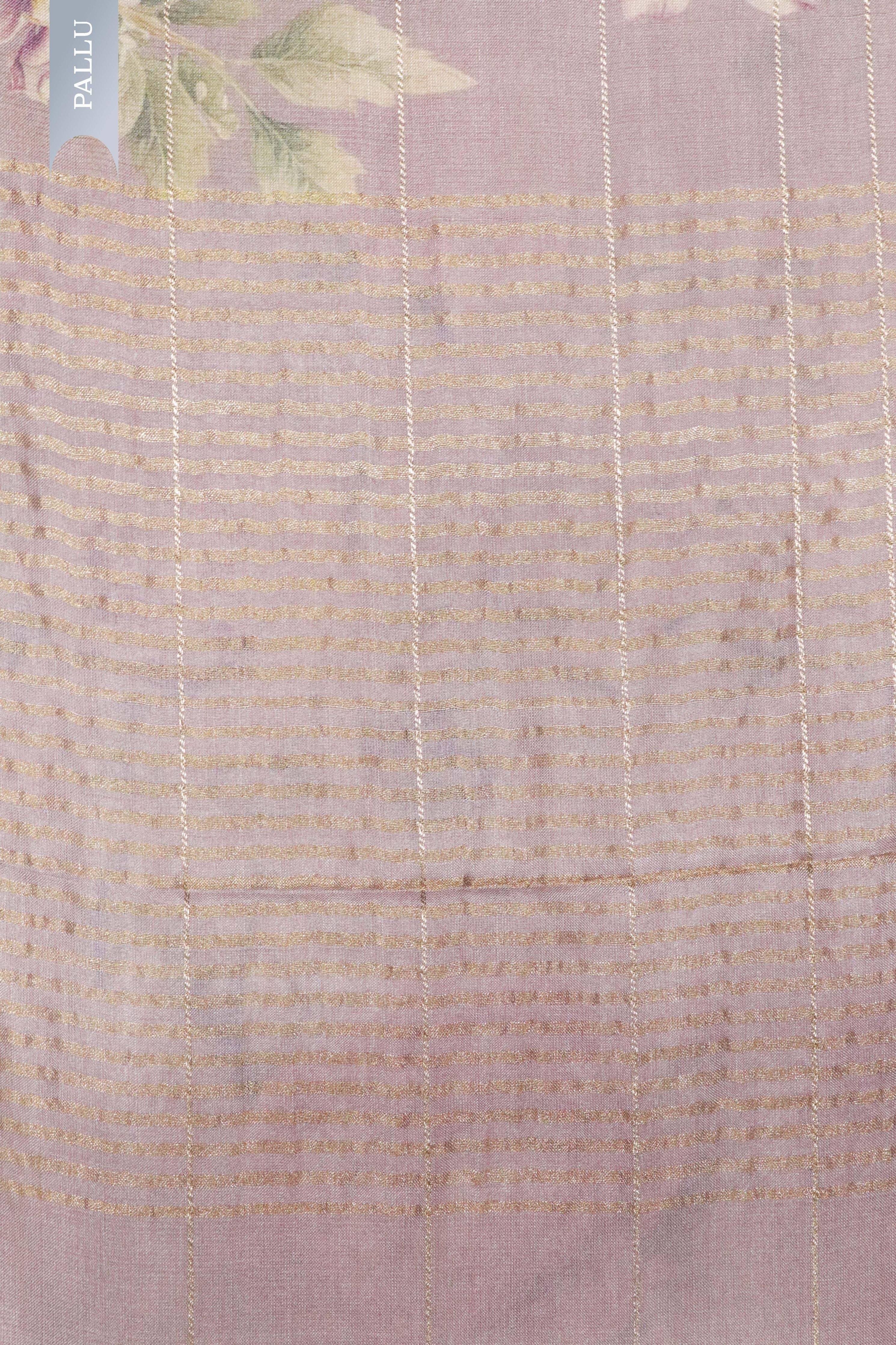 Light Lavender Tussar Silk Saree with Golden Stripes & Printed Body - Mokshaa