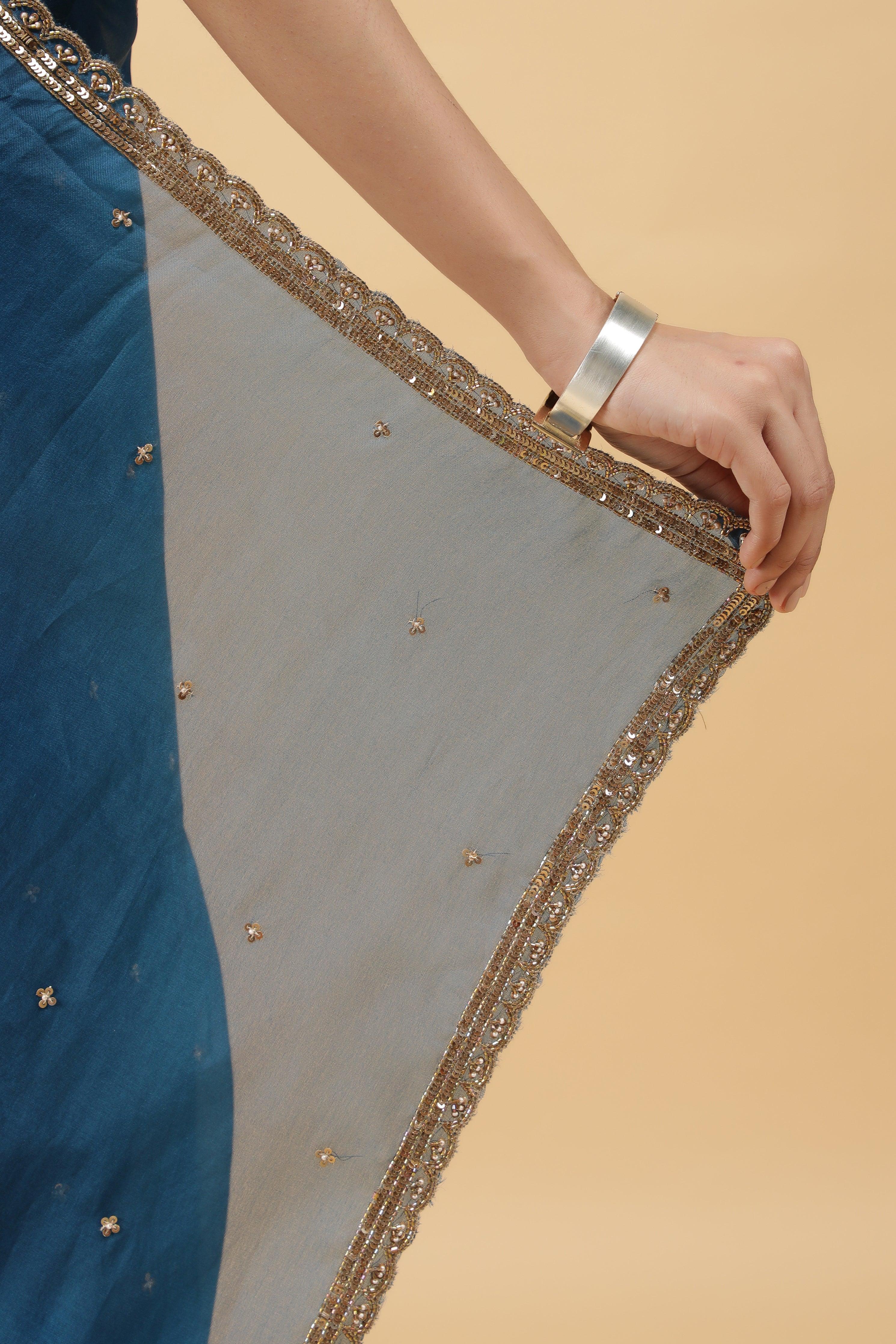 Serulel Blue Organza Saree with Sequin Embroidery - Mokshaa