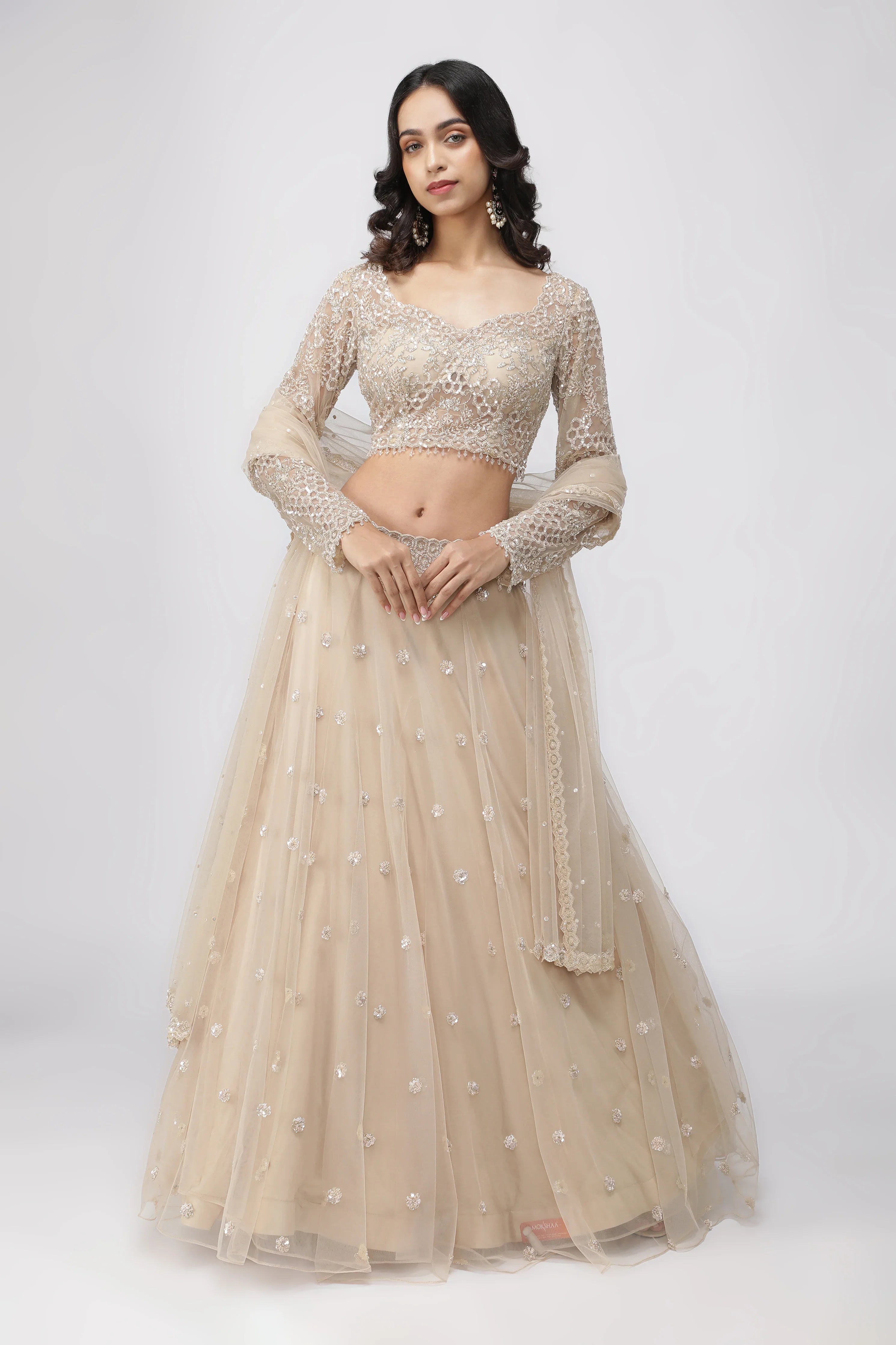 Light Beige Net Lehenga Set with Sequin and Cutdana Embroidery - Mokshaa