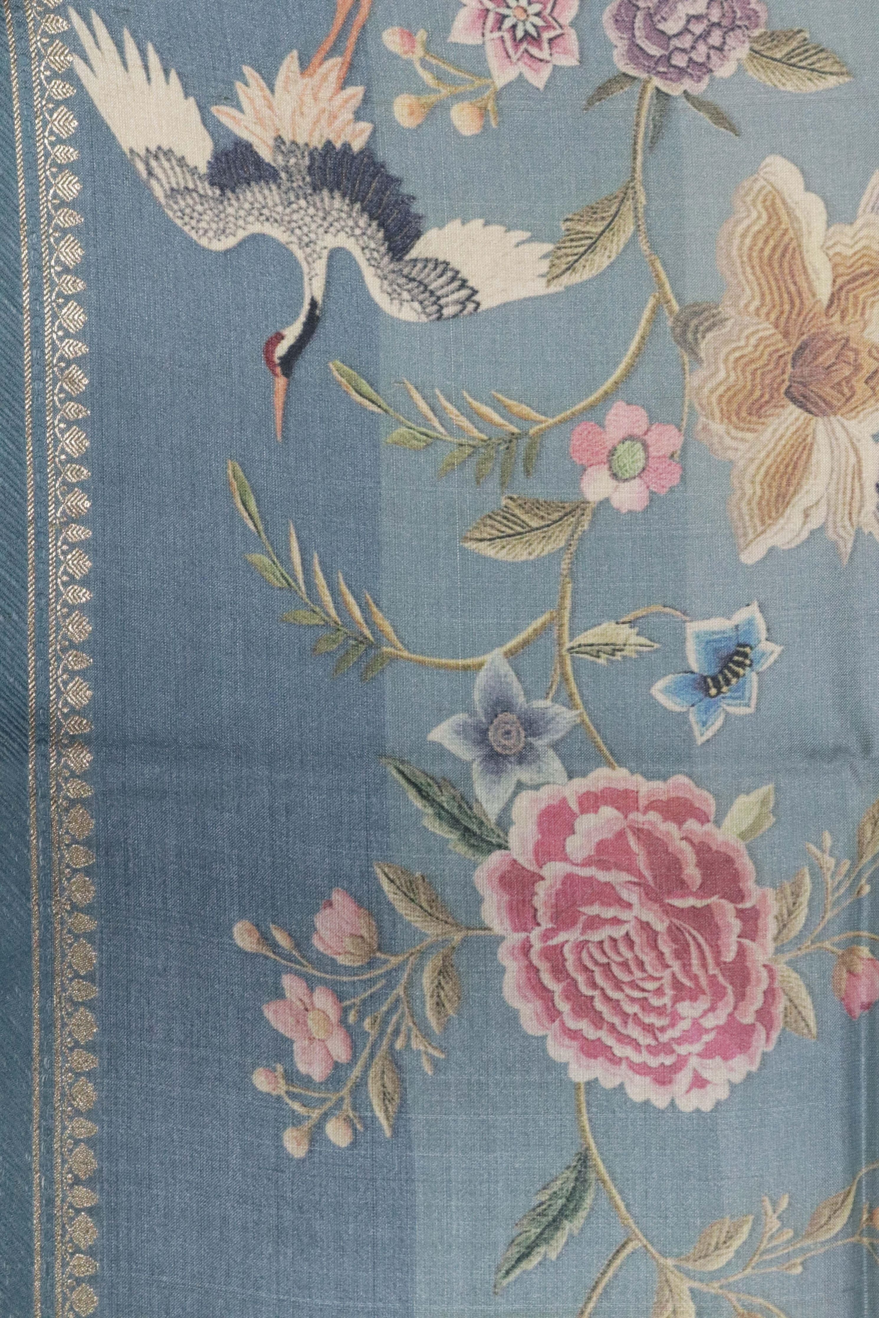Pastel Blue Tussar Silk Saree with Floral Print & Zari Border - Mokshaa