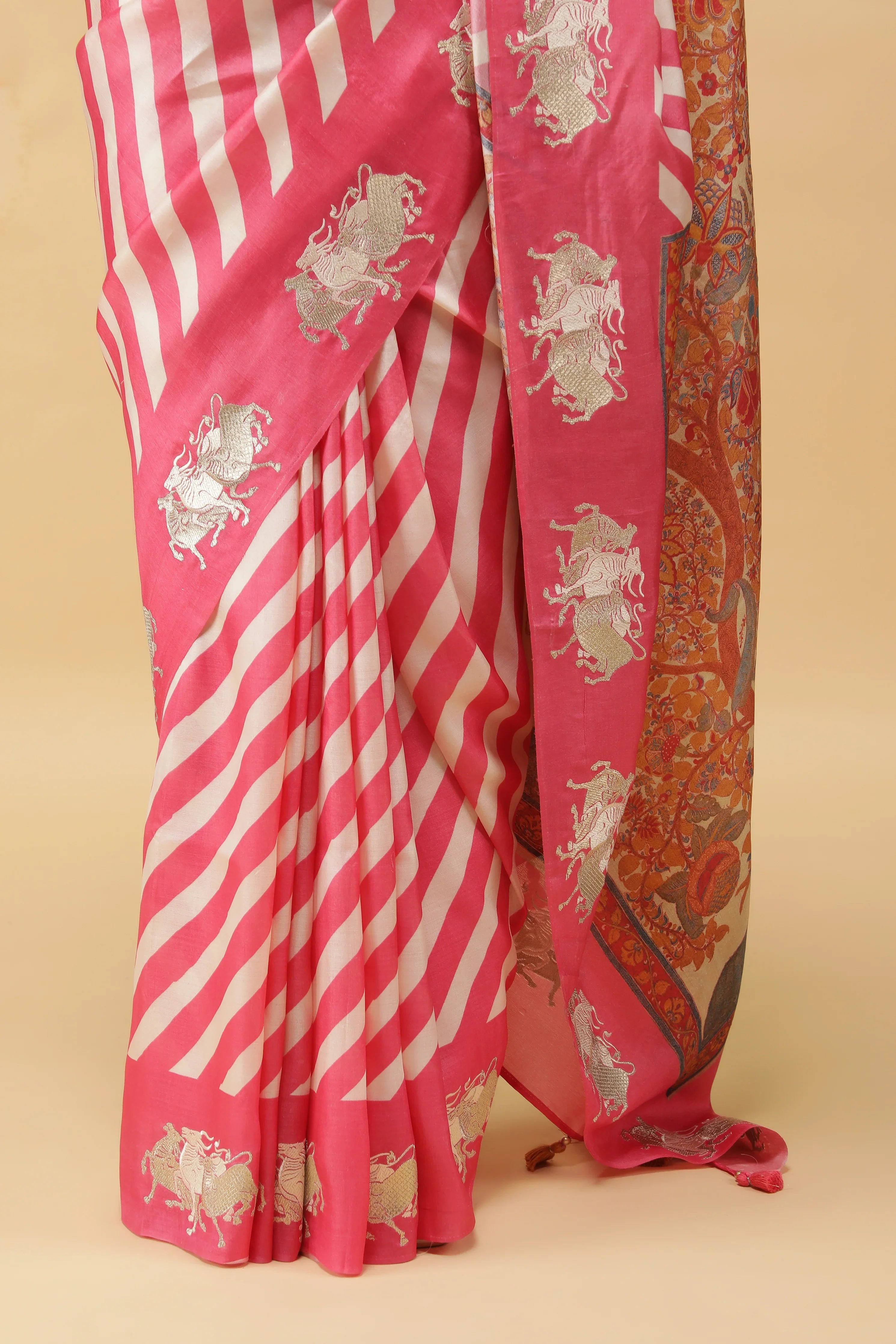 Pink & Off-White Tussar Silk Saree with Zari Motifs and Kalamkari Pallu - Mokshaa