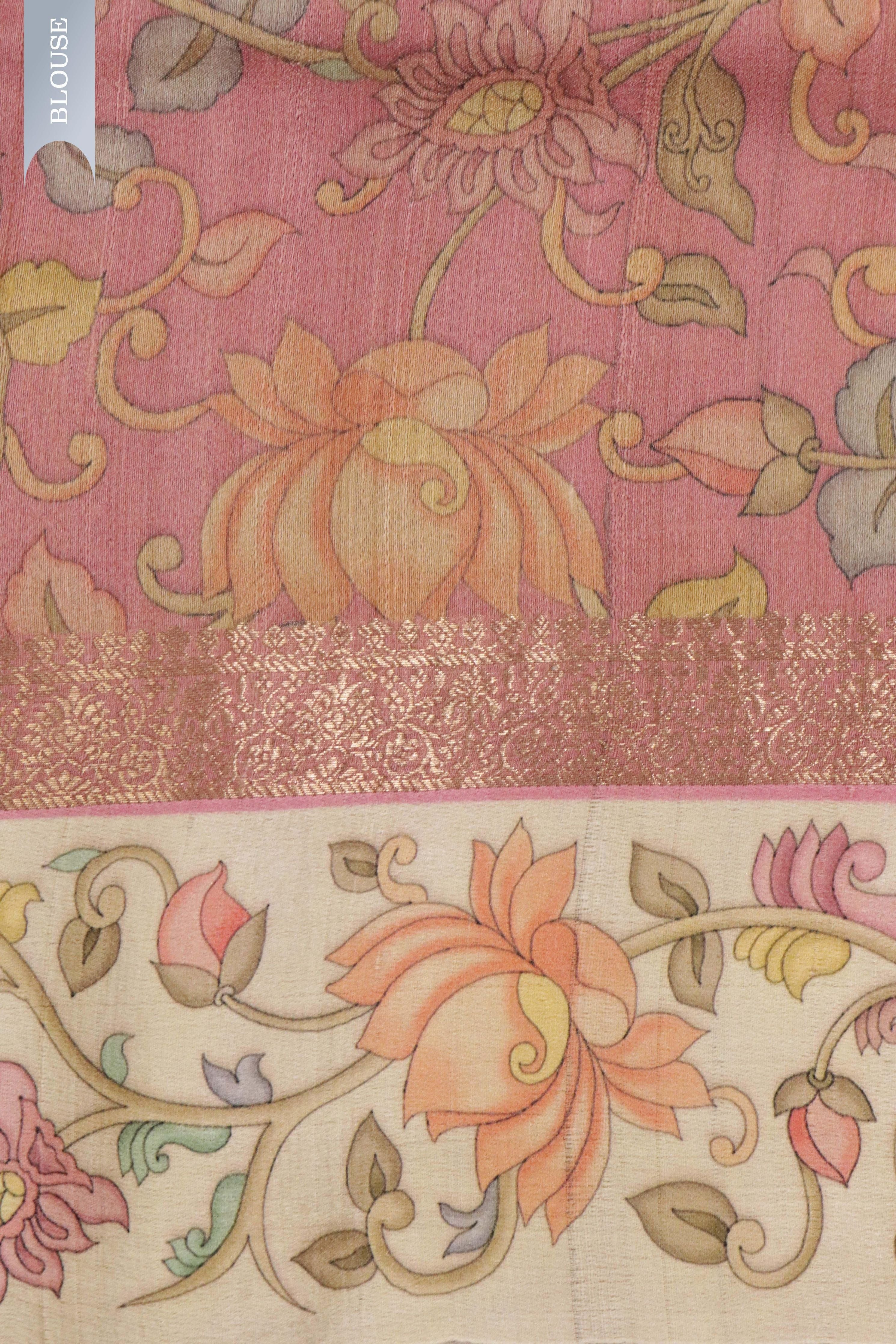 Banaras Tussar Silk Saree in Peach with Zari Motifs & Kalamkari Border - Mokshaa