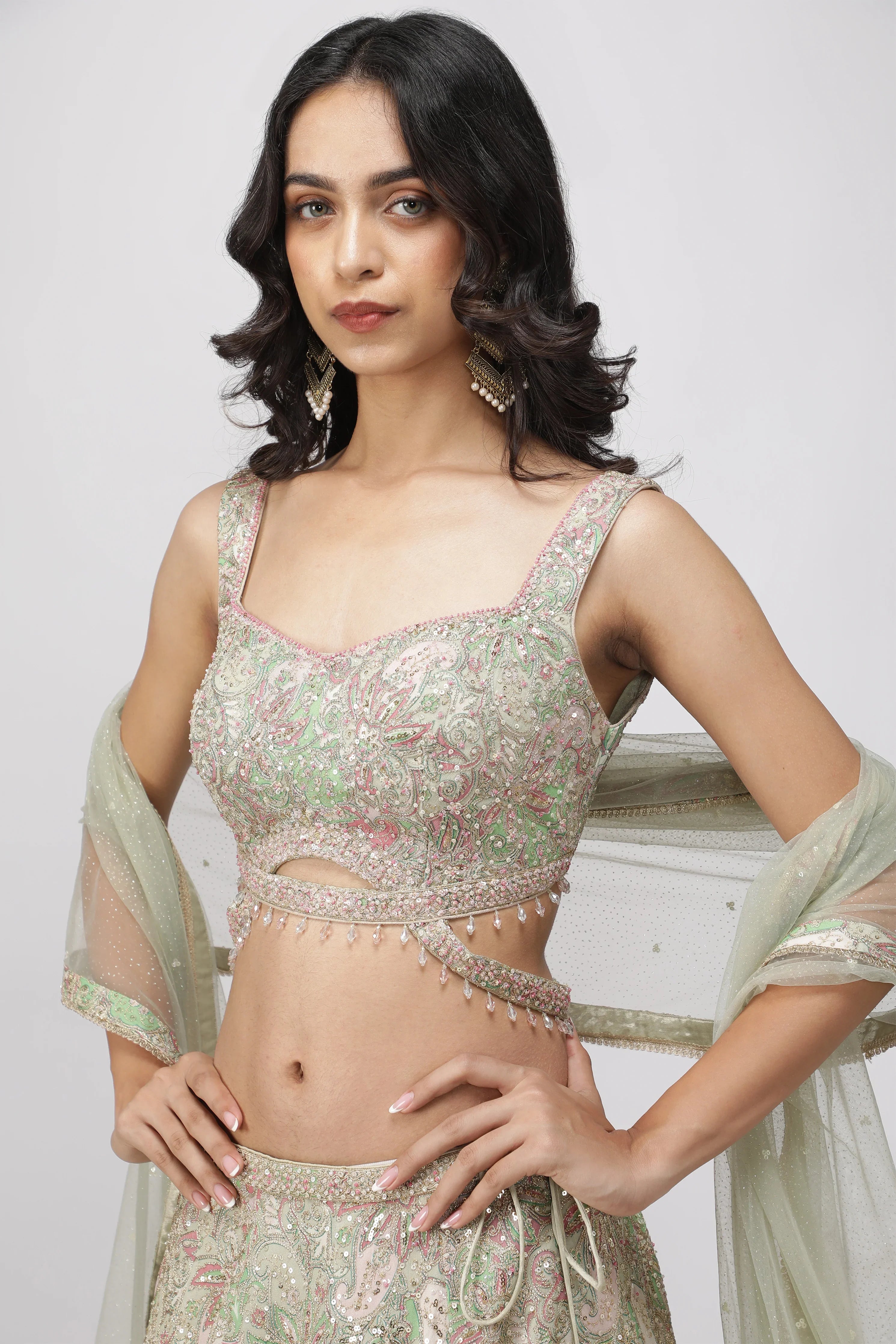 Pastel Green Printed Georgette Lehenga Set with Embellished Blouse - Mokshaa